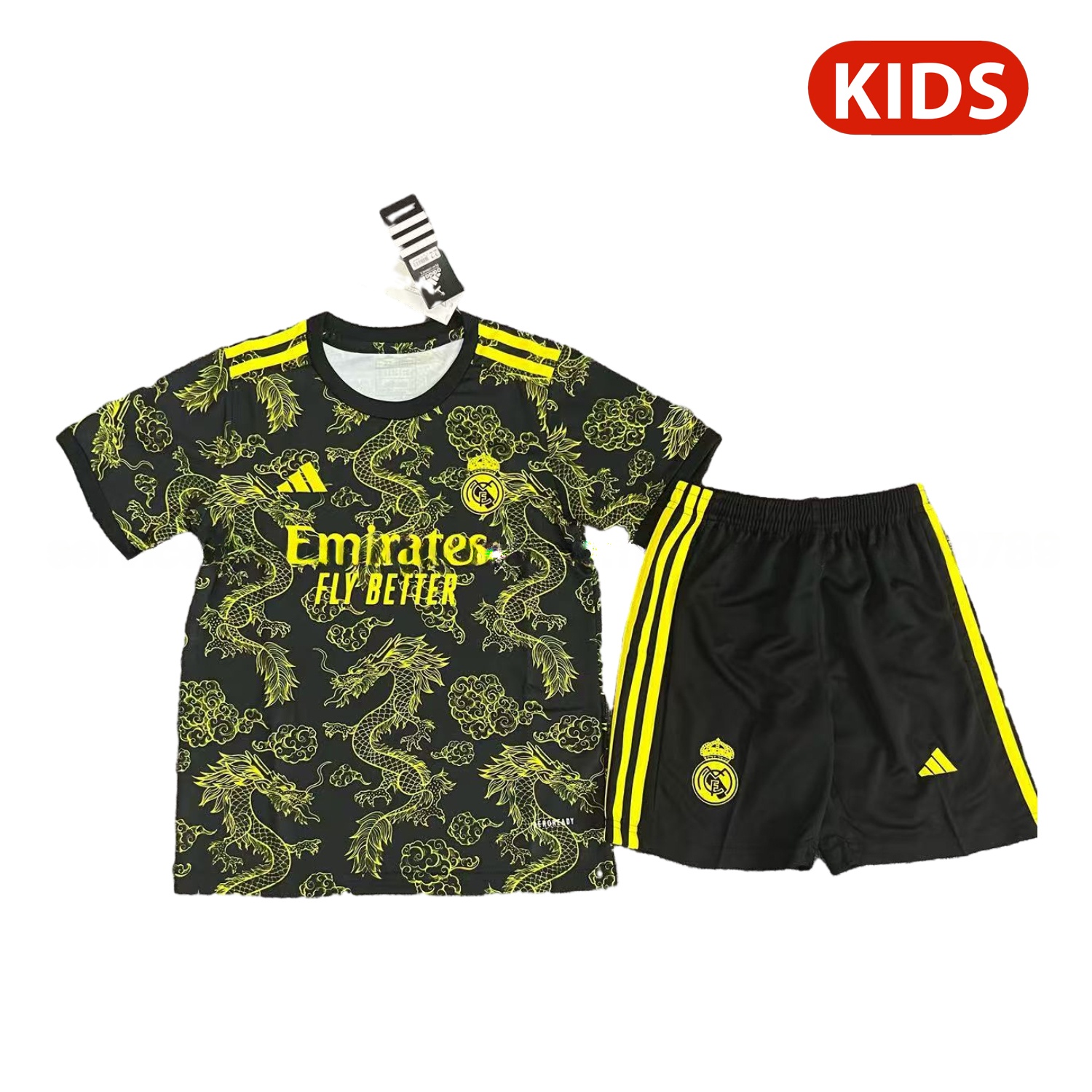 Real Madrid 25-26 Yellow Dragon Yellow Logo Black Special Kids Kit - ReplicasJersey