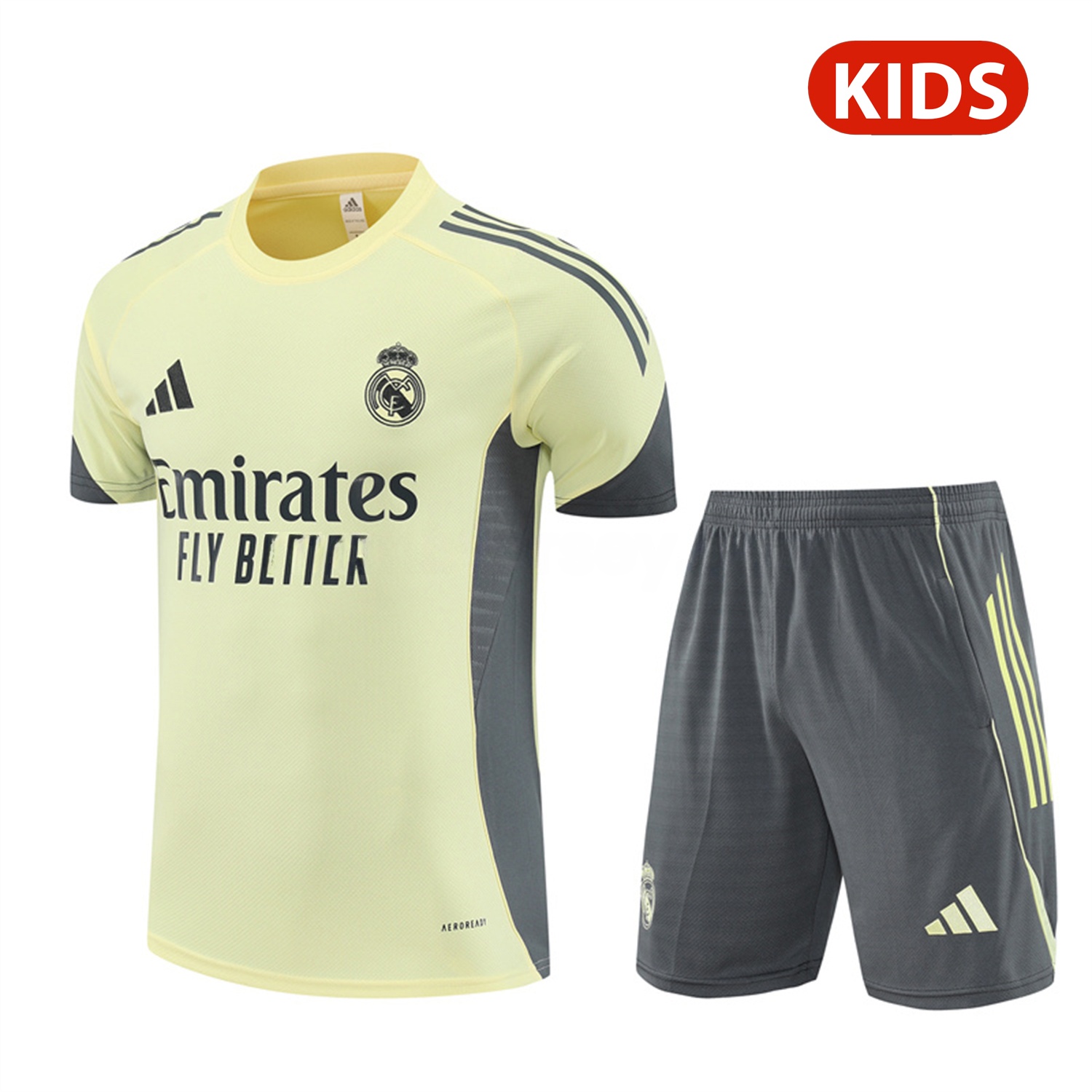 Real Madrid 25-26 Kids Short-Sleeve Training Set - Yellow Top and Grey Shorts - ReplicasJersey