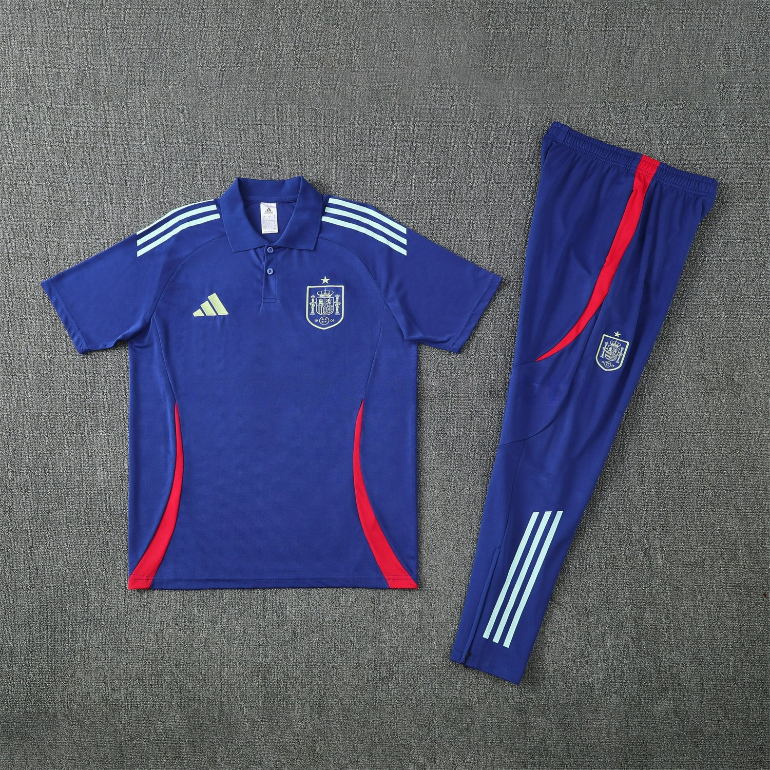 Spain 25-26 POLO Short-Sleeve Training Set - Royal Blue Top and Pants - ReplicasJersey