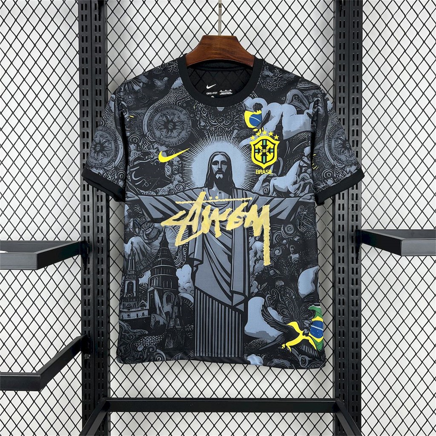 Brazil 2024-25 X STUSSY Black Christ the Redeemer Statue Jersey - Fans Version - ReplicasJersey