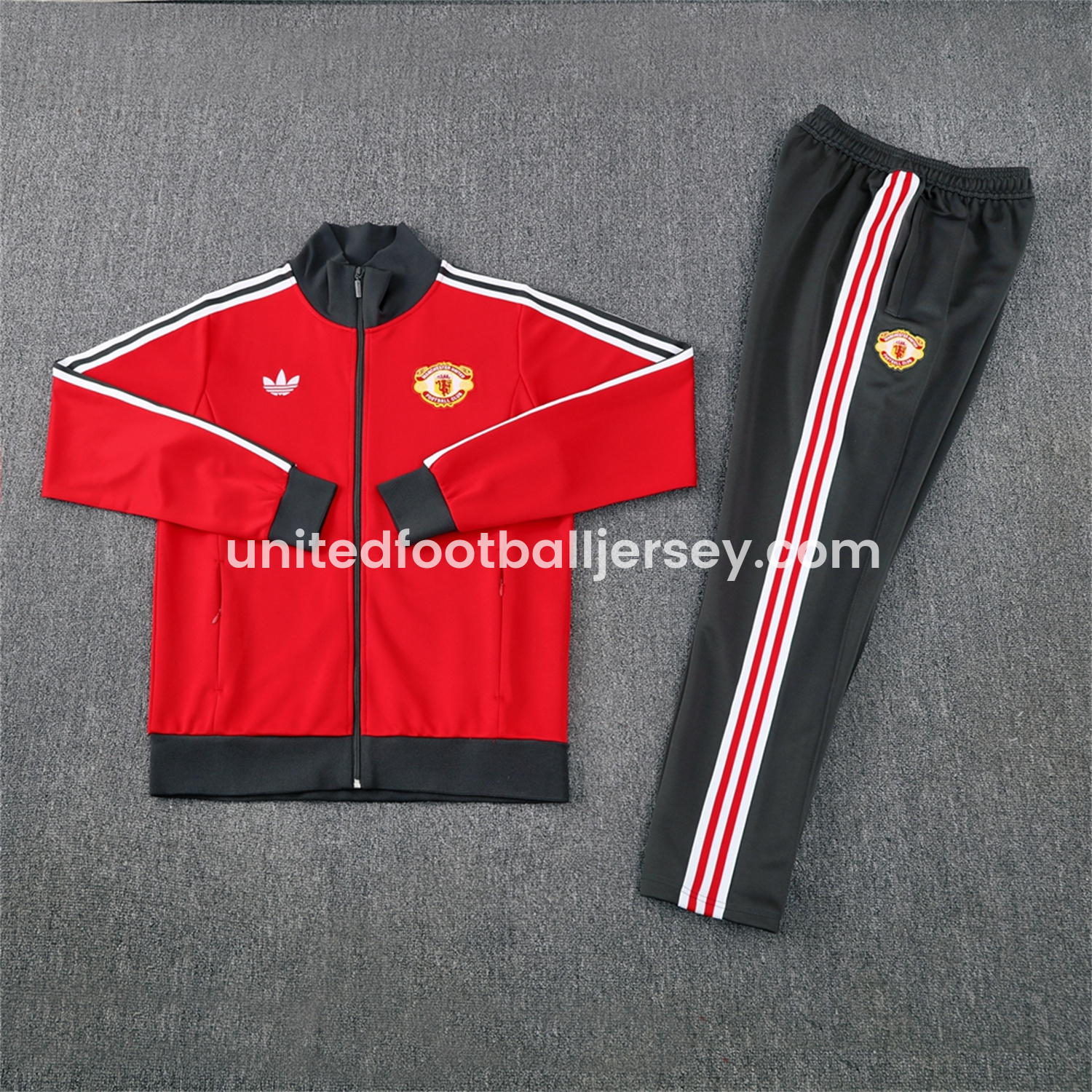 Manchester United 24-25 Throwback Jacket Training Tracksuit - Red Jackets & Grey Pants - ReplicasJersey