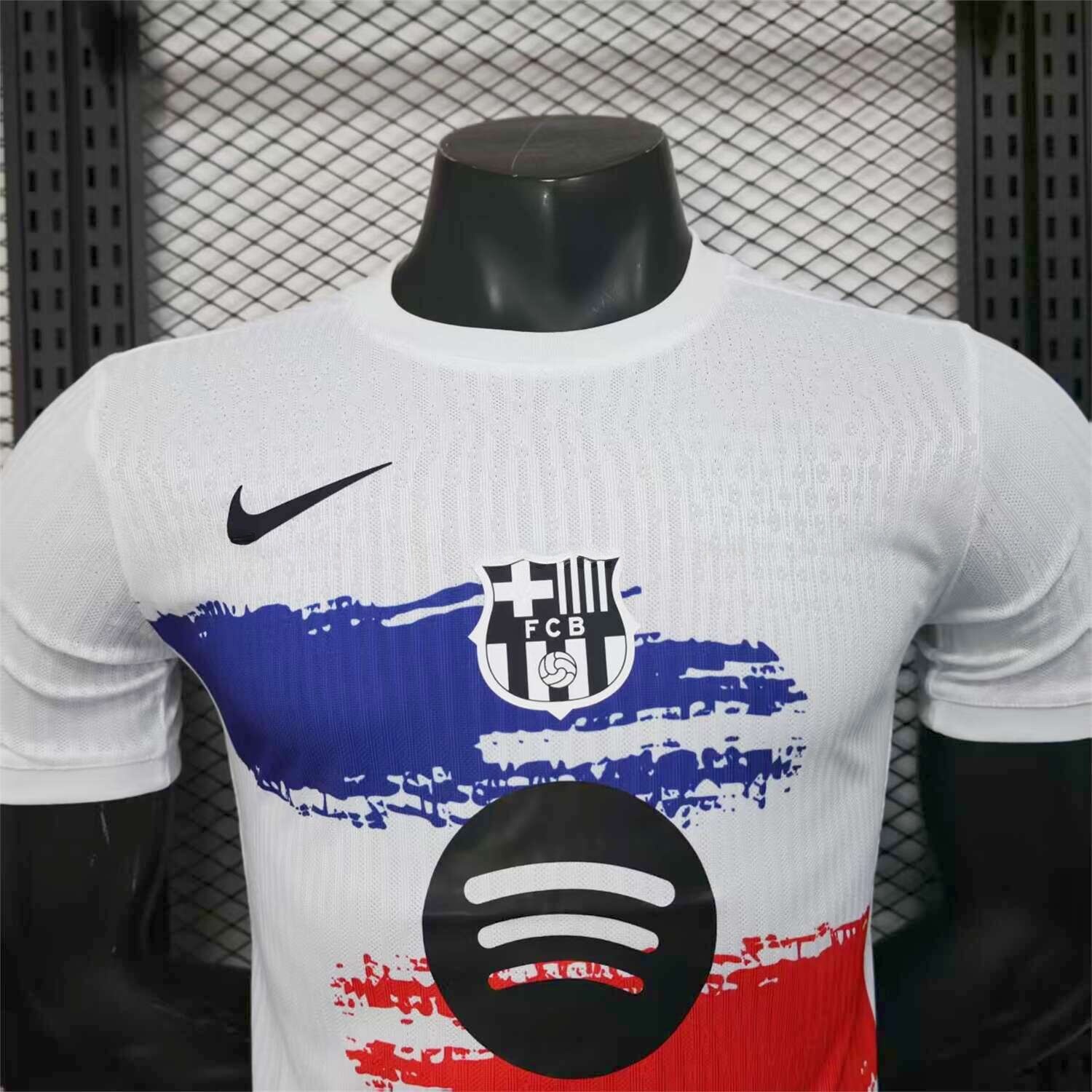 B.A.R.S.A 25-26 White Jersey with Red Blue Ink Horizontal Stripes Jersey - Player Version - ReplicasJersey