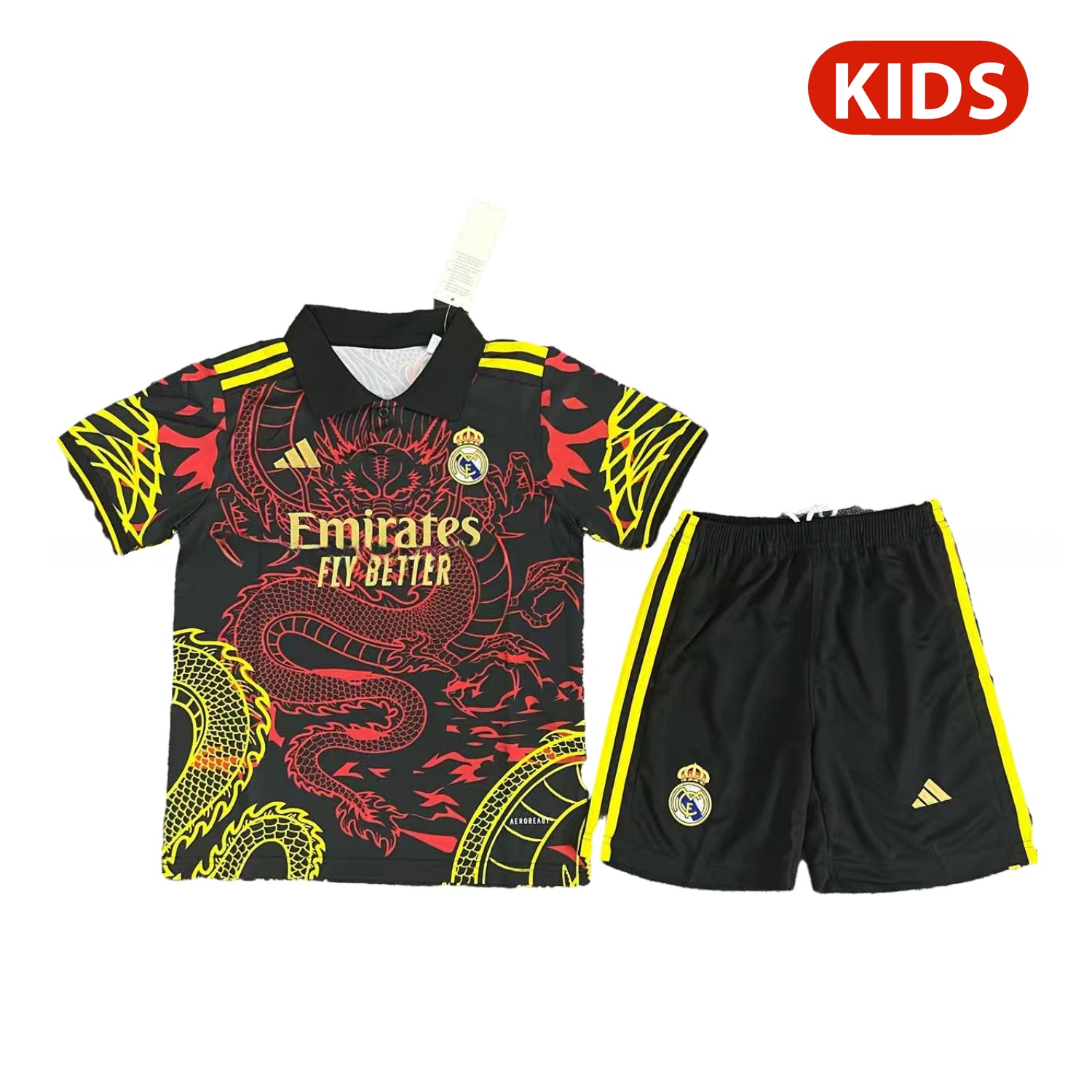 Real Madrid 25-26 Yellow And Red Dragon Black Special Kids Kit - ReplicasJersey