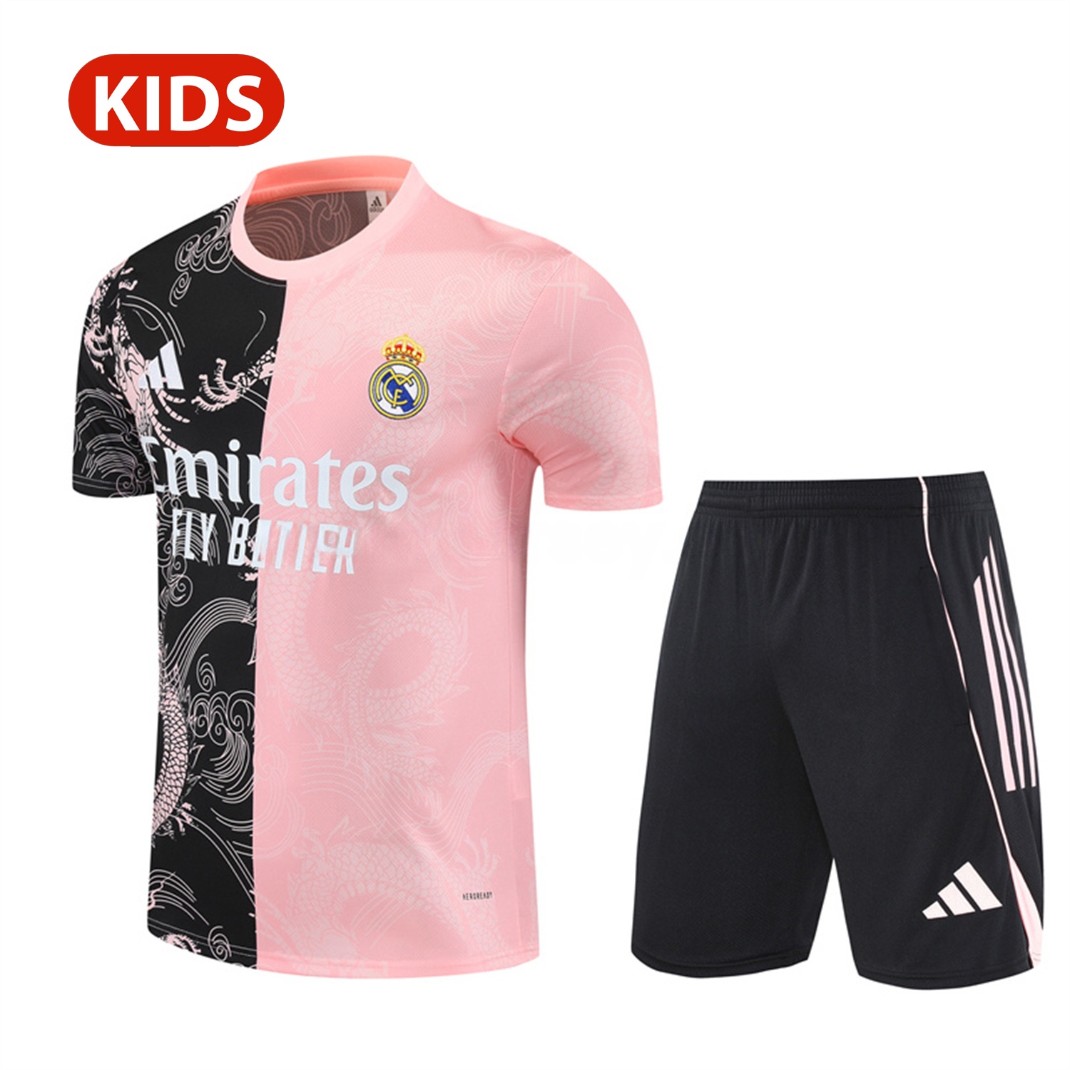 Real Madrid 25-26 Kid Short-Sleeve Training Set - Pink Black Top & Black Shorts - ReplicasJersey