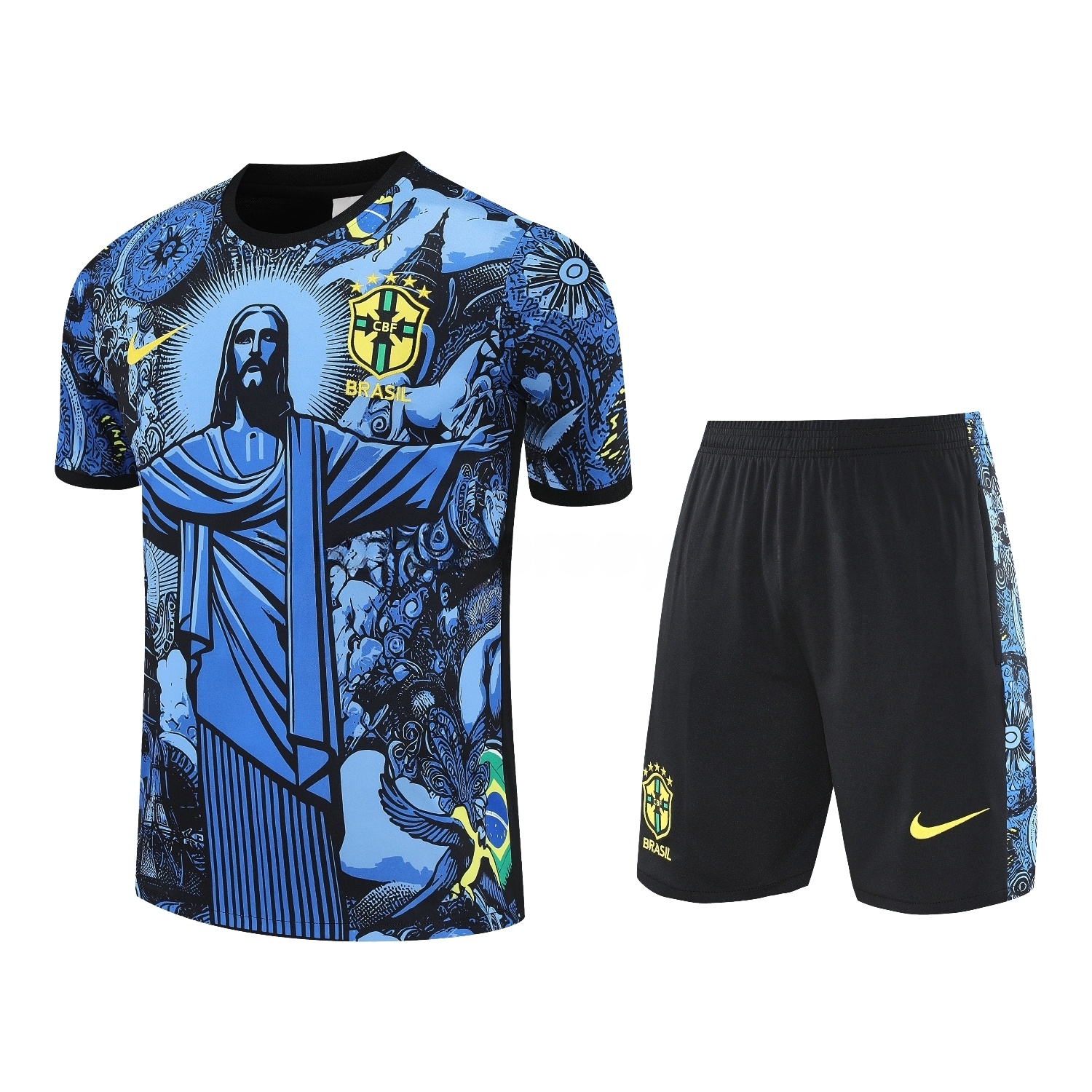 Brazil 25-26 Blue Jesus Statue Short-Sleeve Training Set - Blue Top & Black Shorts - ReplicasJersey