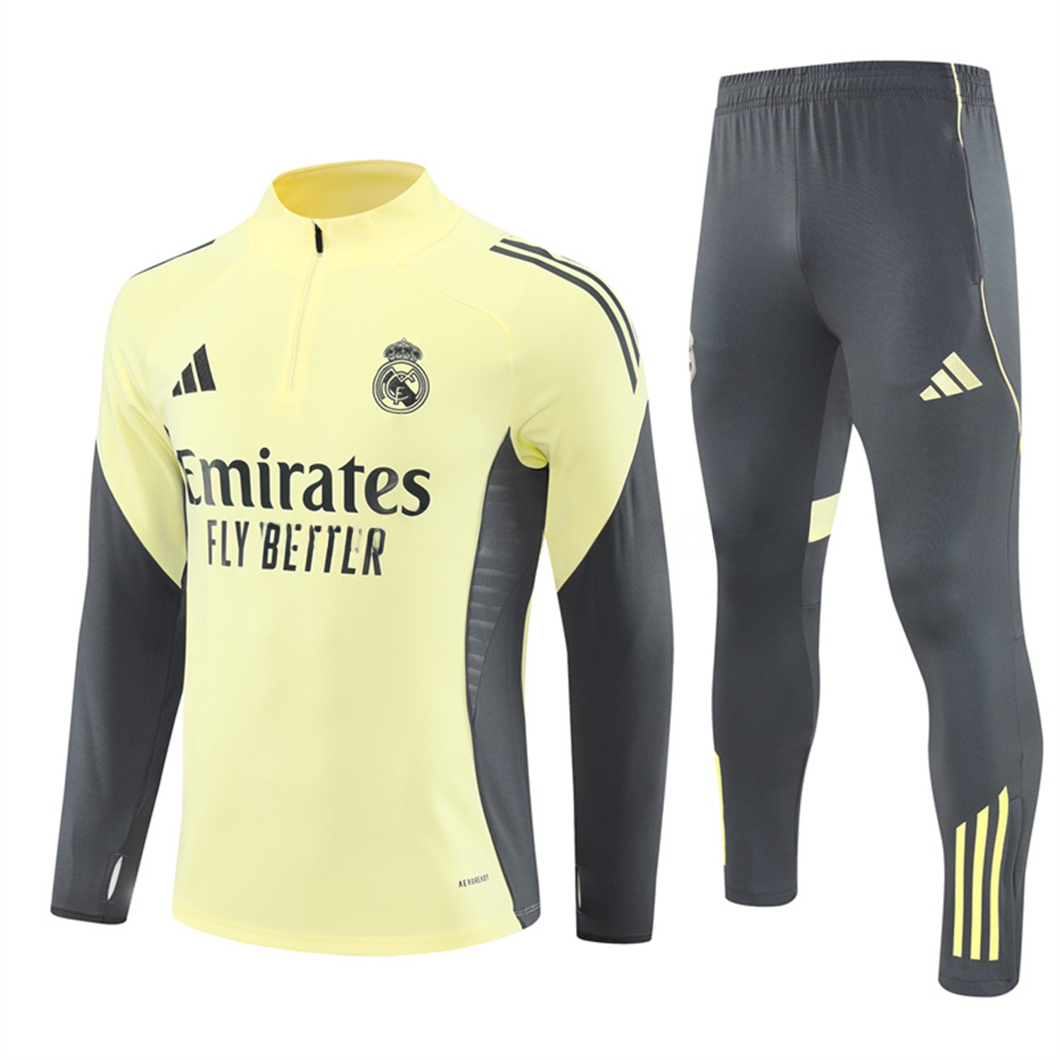 Real Madrid 25-26 Long Sleeves Training Set - Yellow Top & Gray Pants - ReplicasJersey
