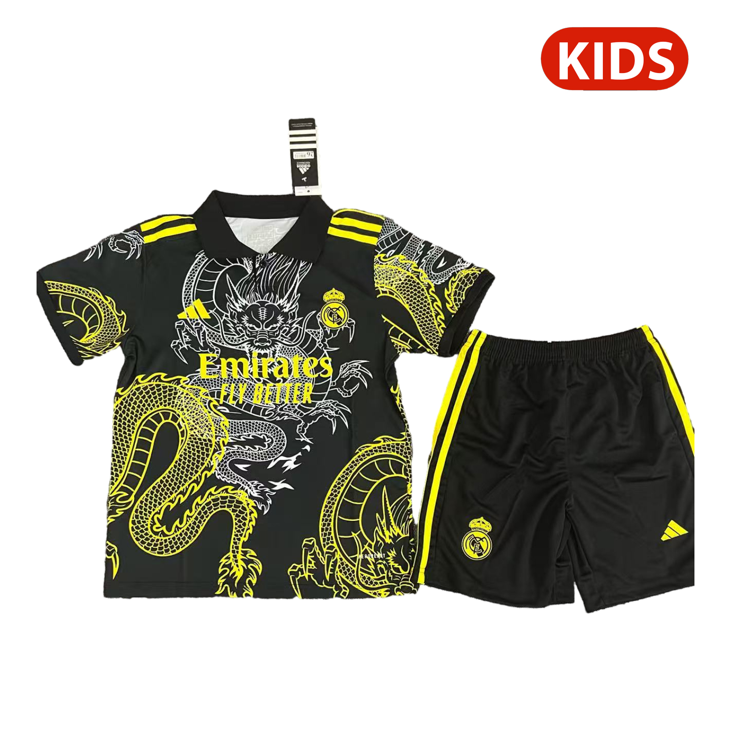 Real Madrid 25-26 Yellow And White Dragon Black Special Kids Kit - ReplicasJersey