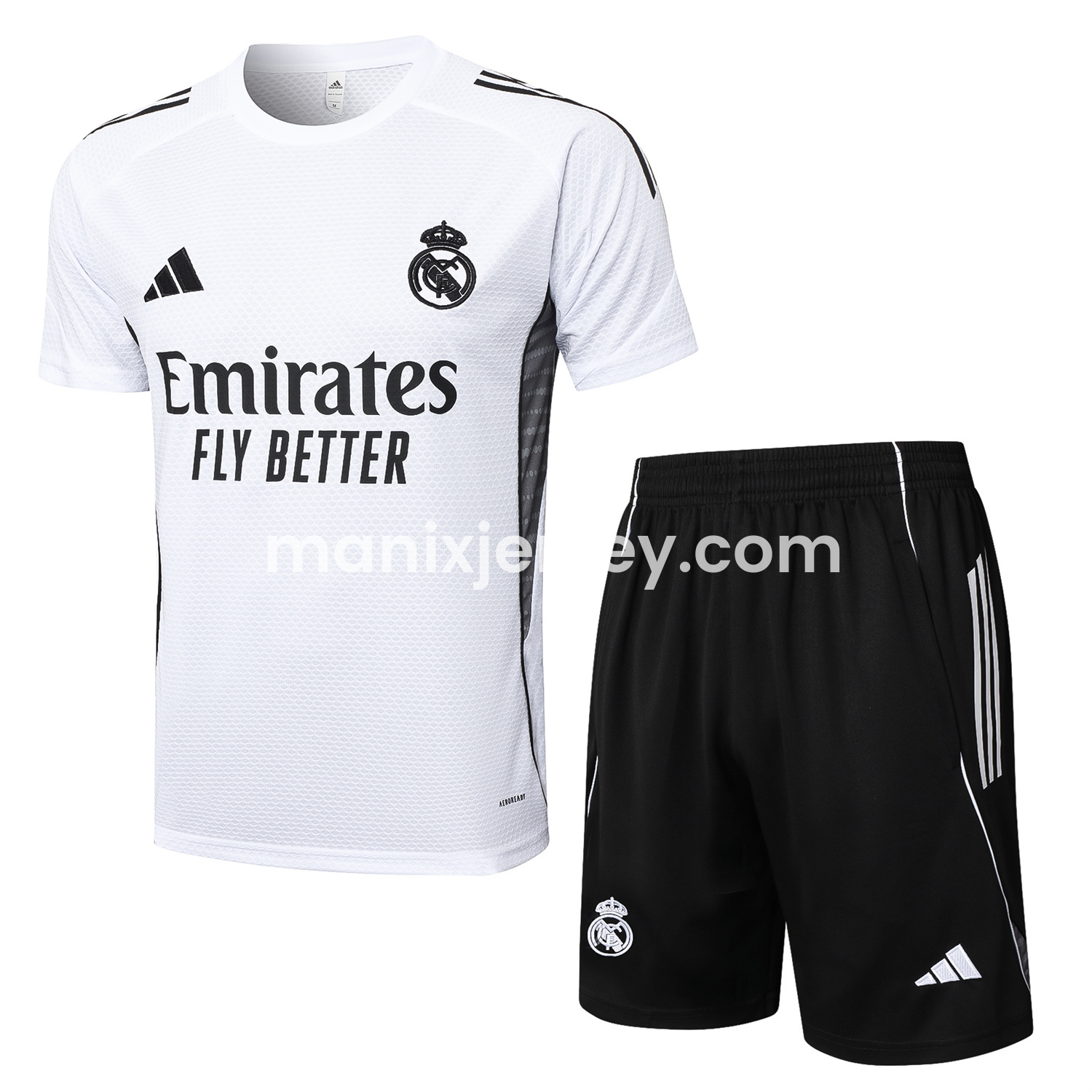 Real Madrid 25-26 Short-Sleeve Training Set - White Top and Black Shorts - ReplicasJersey