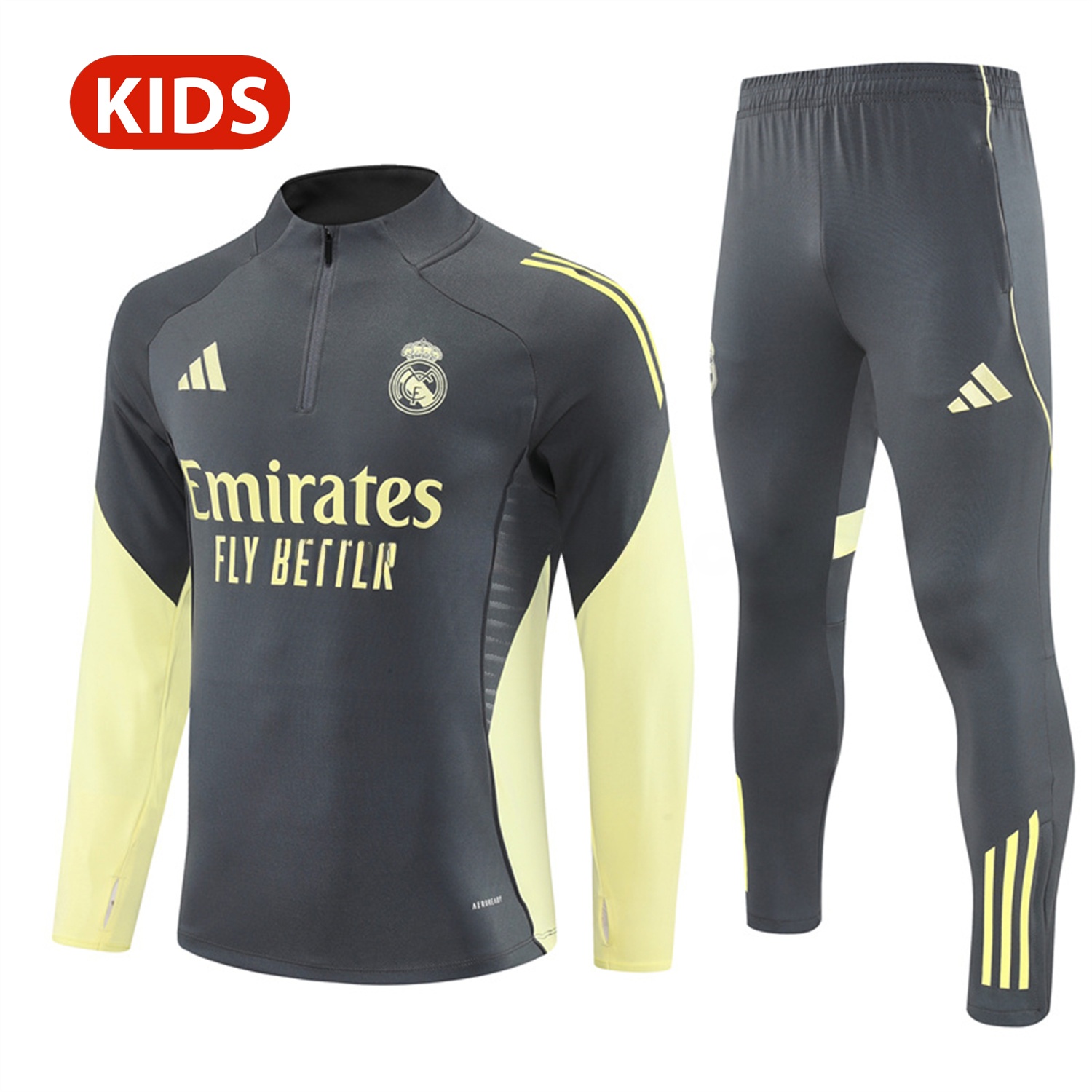 Real Madrid 25-26 Kid Long Sleeves Training Set - Gray Top & Gray Pants - ReplicasJersey