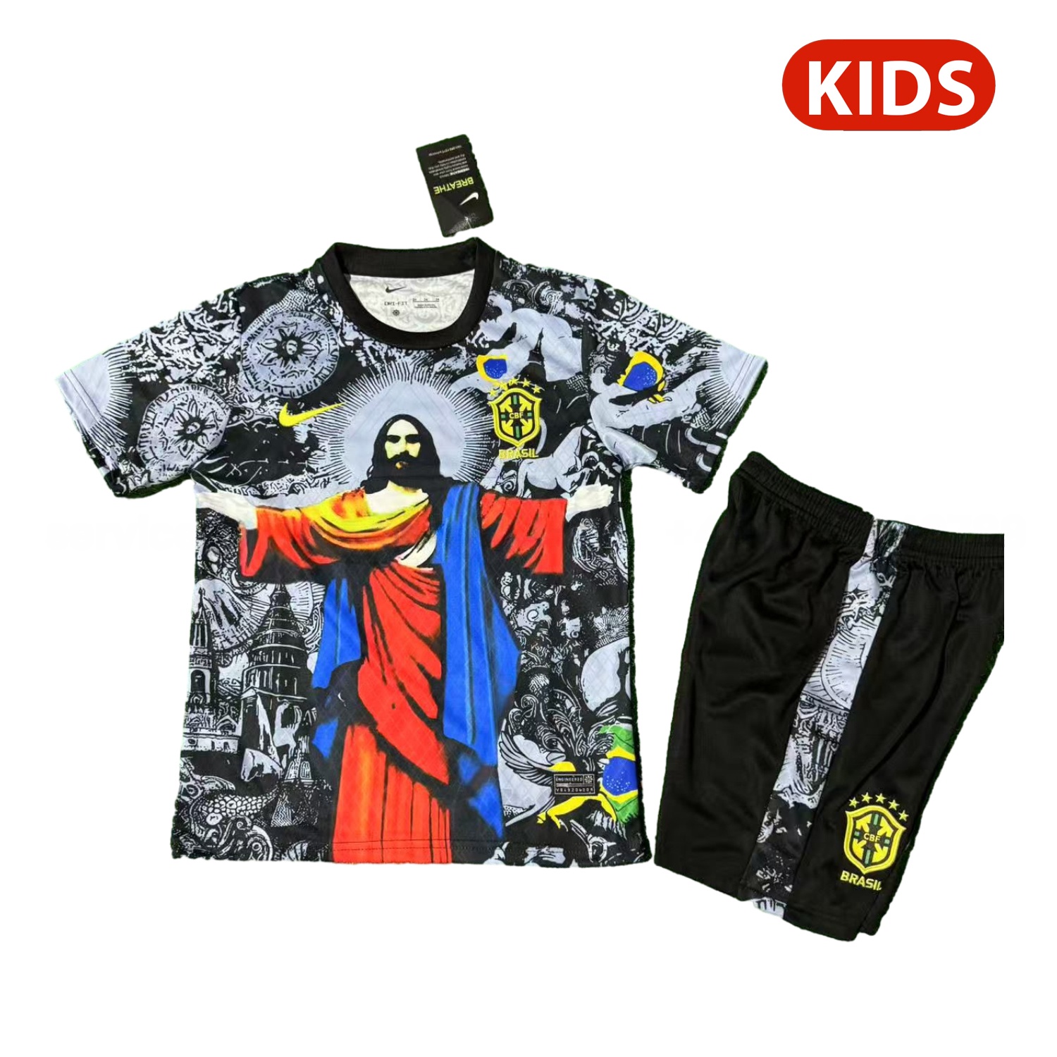 Brazil 25-26 Red Jesus Grey Special Kids Kit - ReplicasJersey