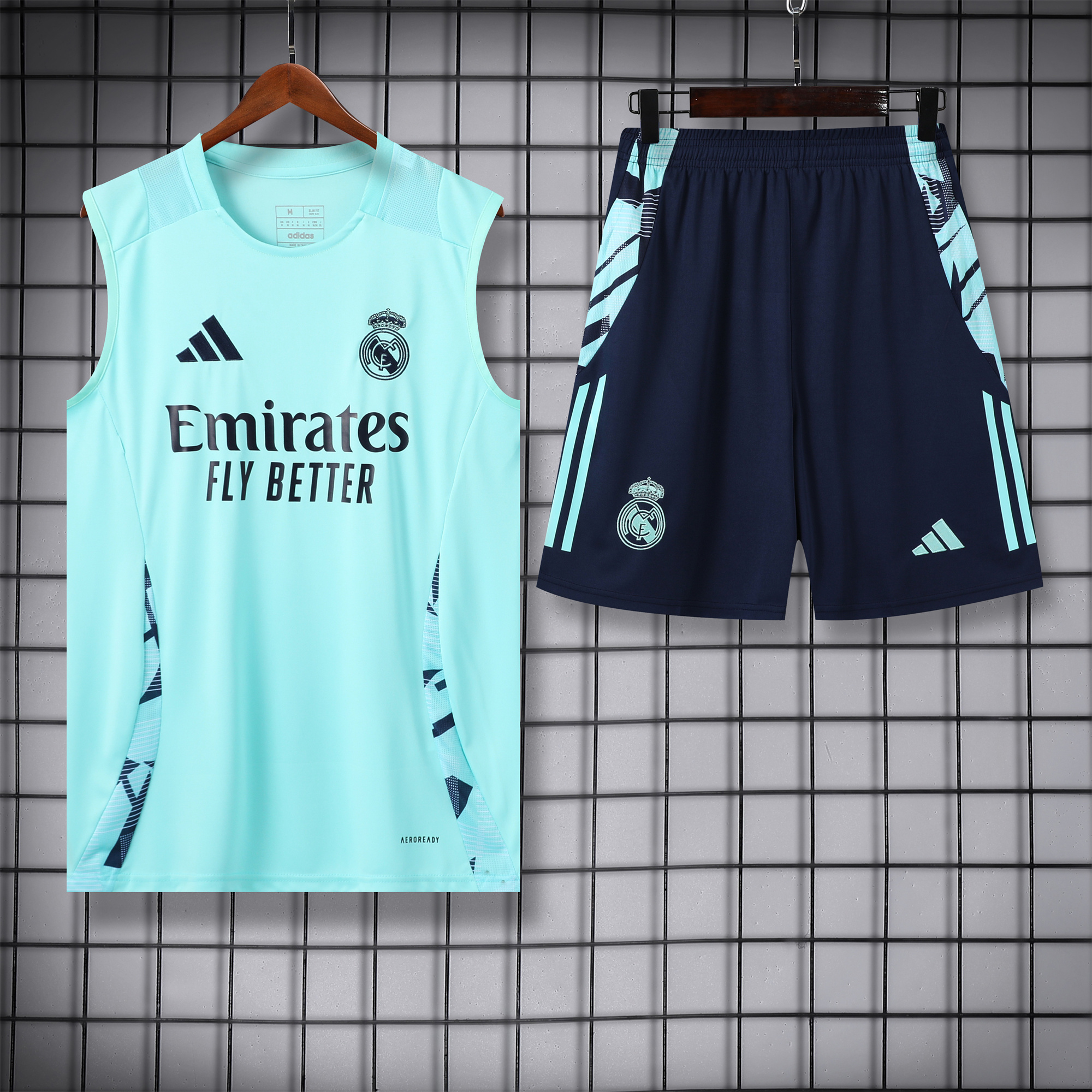 Real Madrid 24-25 Vest Training Set - Light Green Vest & Deep Blue Shorts - ReplicasJersey