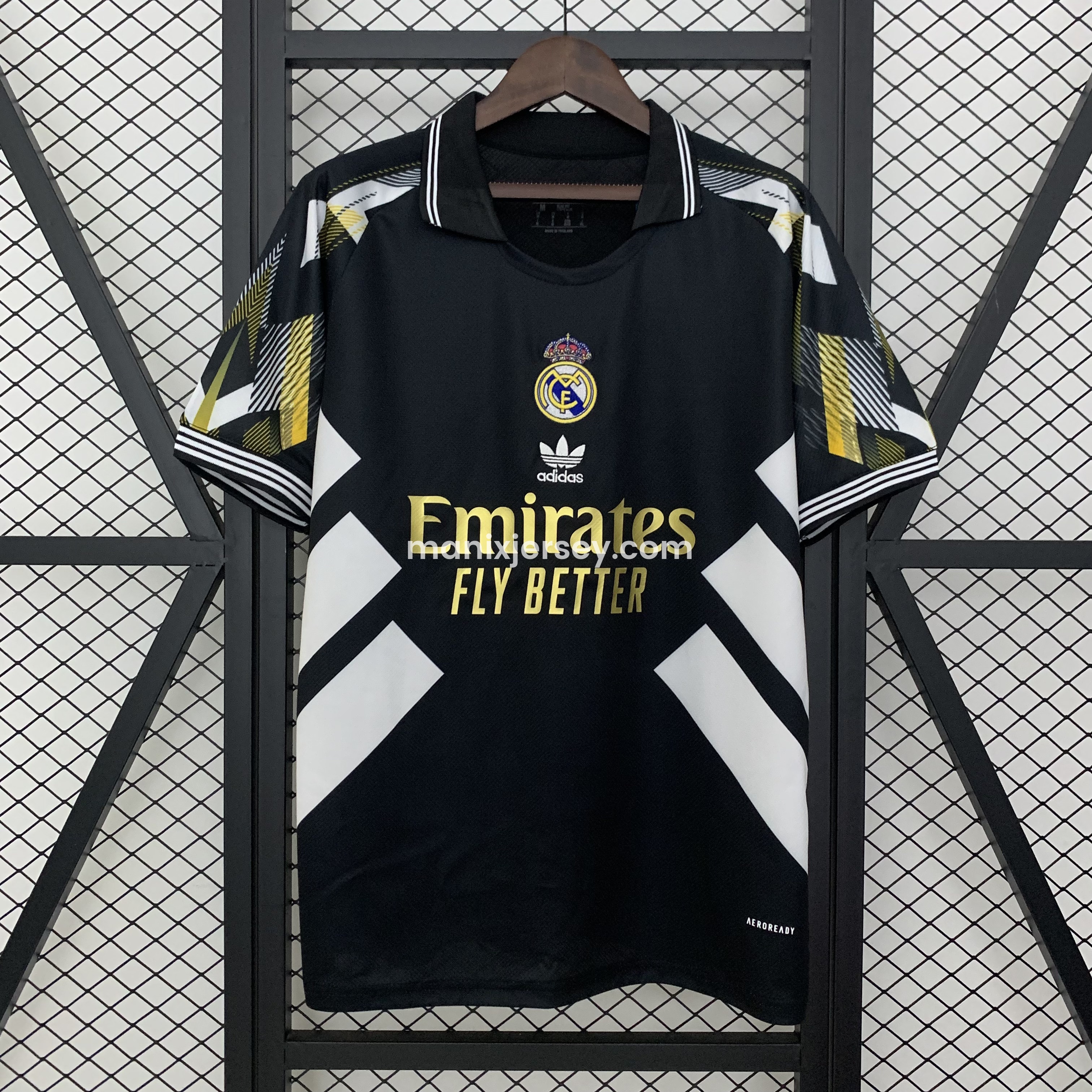 Real Madrid 25-26 Black Gold White Three Bars Jersey - Fans Version - ReplicasJersey