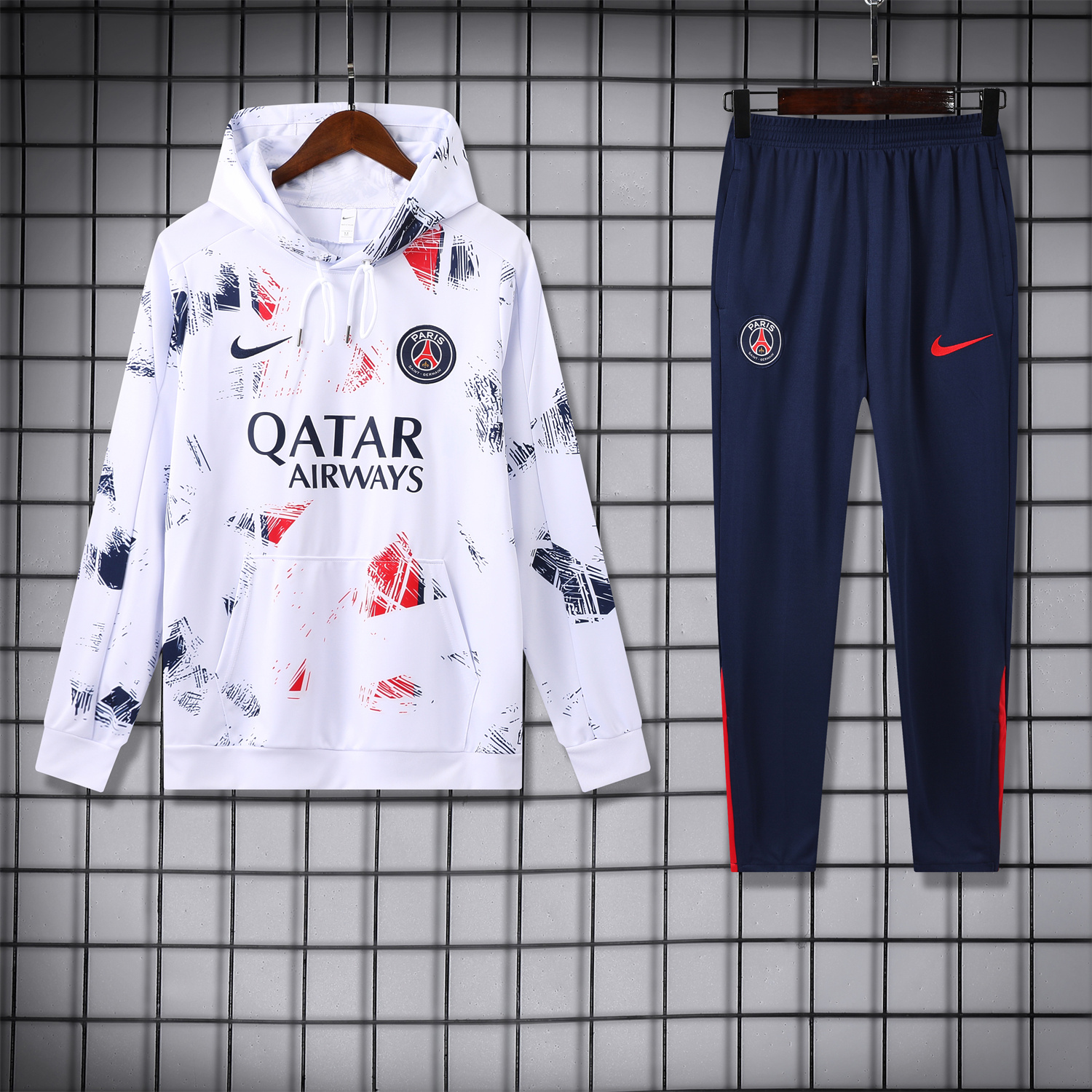 Paris Saint-Germain PSG 24-25 Training Hoodie Set - White Hoodie and Deep Blue Pants - ReplicasJersey
