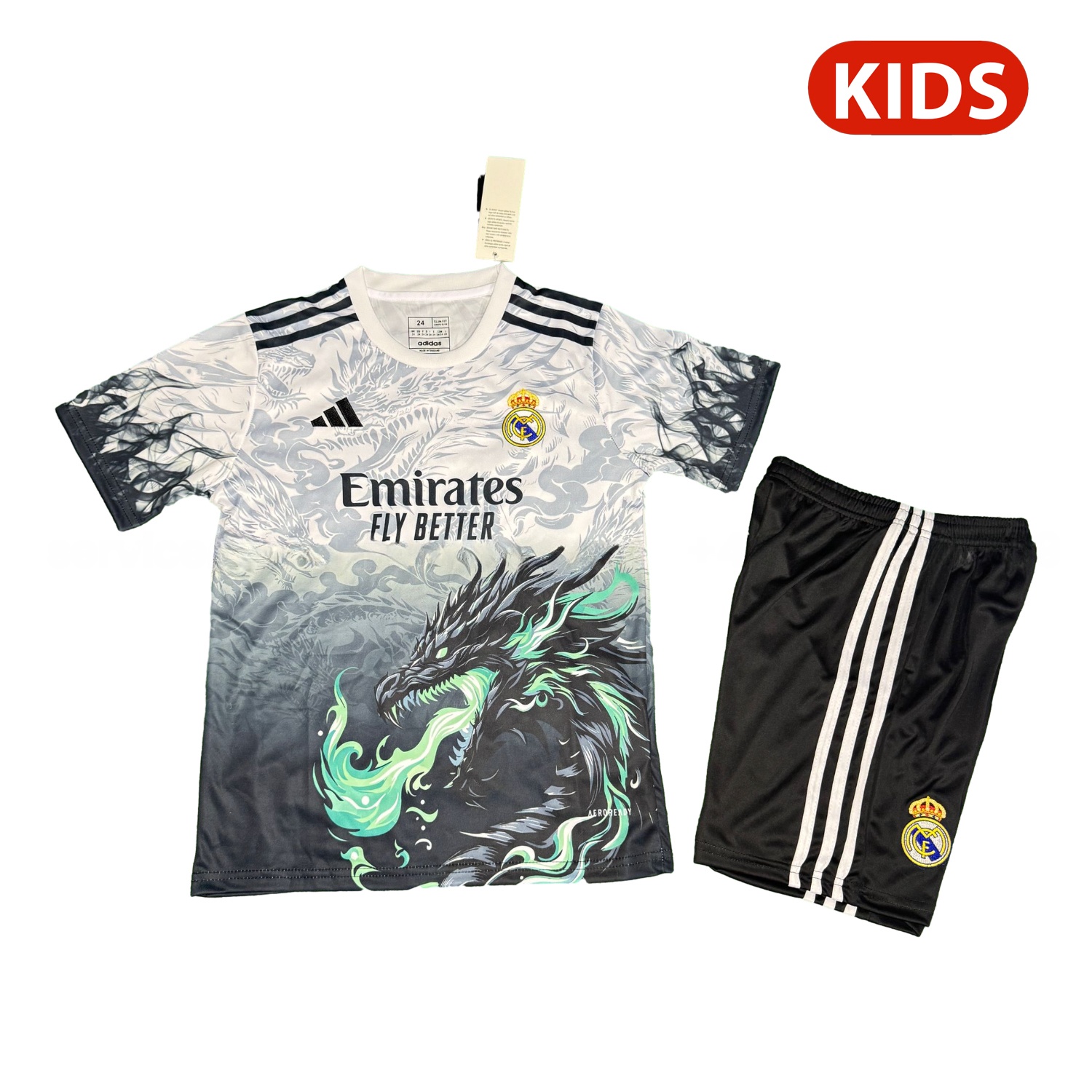 Real Madrid 25-26 Green Fire Black Dragon White Special Kids Kit - ReplicasJersey