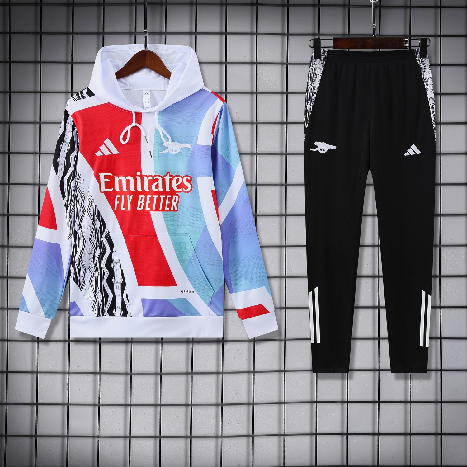 Arsenal 24-25 Pre-Match Training Hoodie Set - White Top and Black Pants - ReplicasJersey