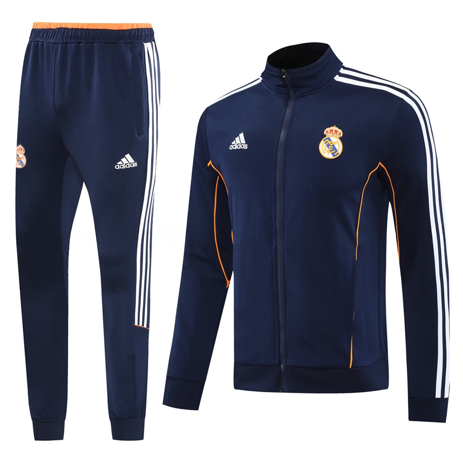 Real Madrid 25-26 Jacket Training Tracksuit - Royal Blue Jackets & Pants with Orange Lines - ReplicasJersey