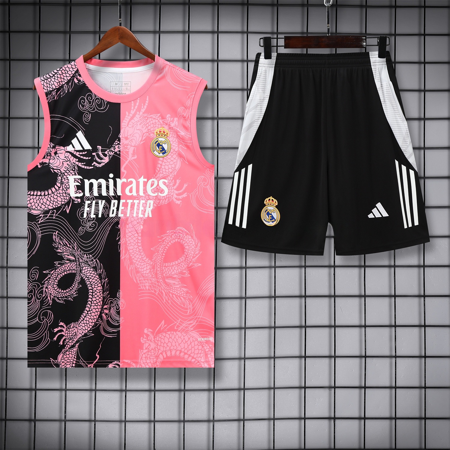 Real Madrid 25-26 Vest Training Set - Pink-Black Dragon Vest & Black-White Shorts - ReplicasJersey