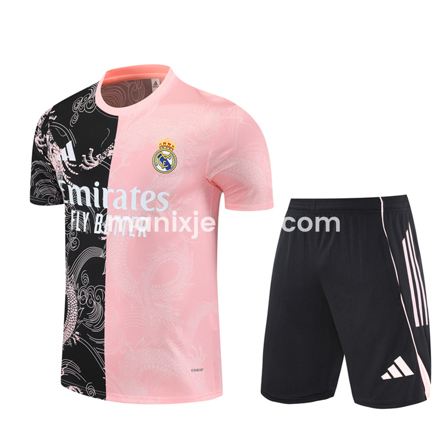 Real Madrid 25-26 Short-Sleeve Training Set - Pink Black Top & Black Shorts - ReplicasJersey
