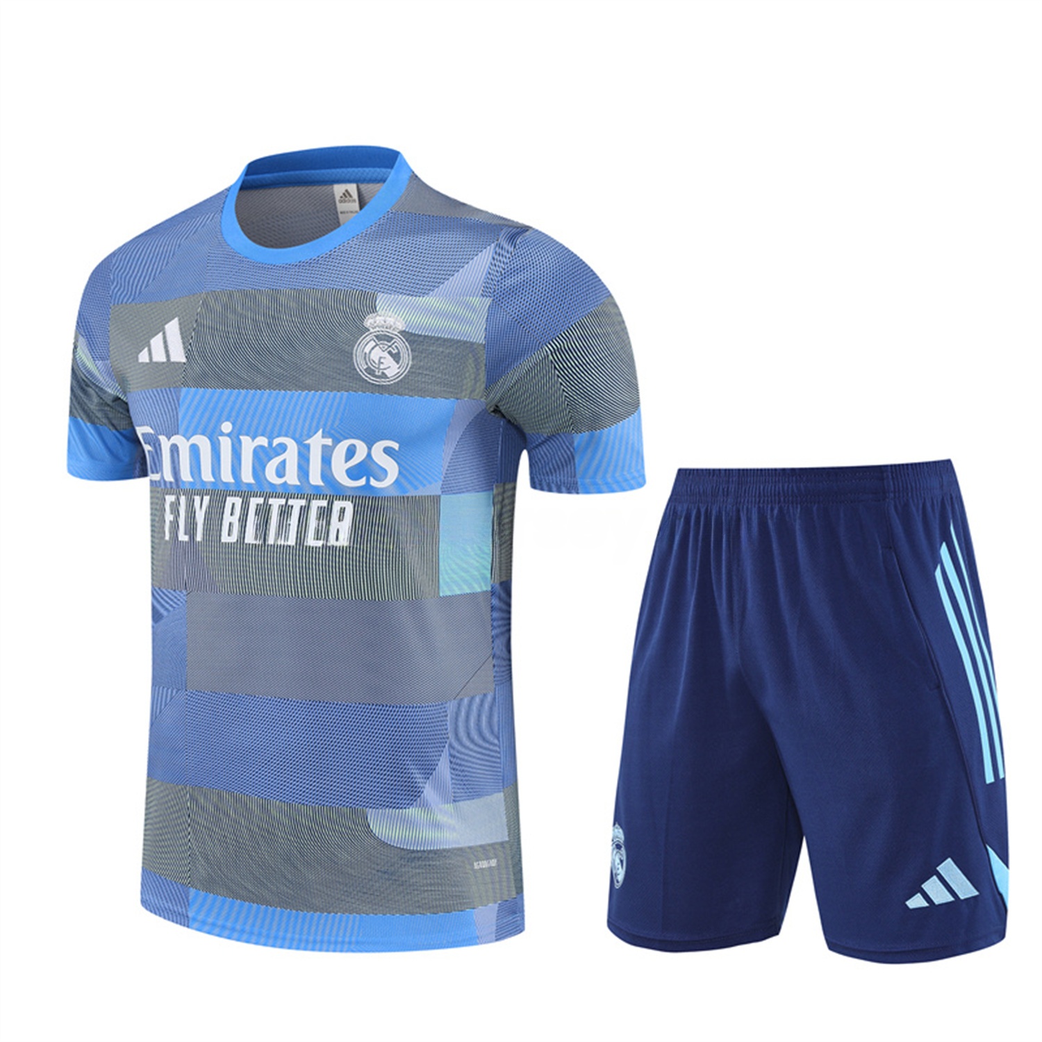 Real Madrid 25-26 Pre-Match Short-Sleeve Training Set - Blue-Gray Camouflage Top and Blue Shorts - ReplicasJersey