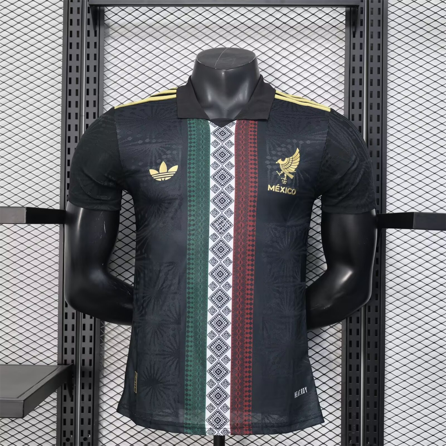 Mexico 25-26 Black Polo Jersey with Red White and Green Decorative Pattern - Player Version - ReplicasJersey