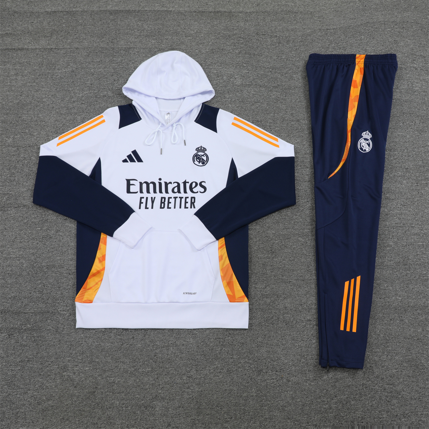 Real Madrid 24-25 Training Hoodie Set - White Hoodie and Deep Blue Pants - ReplicasJersey