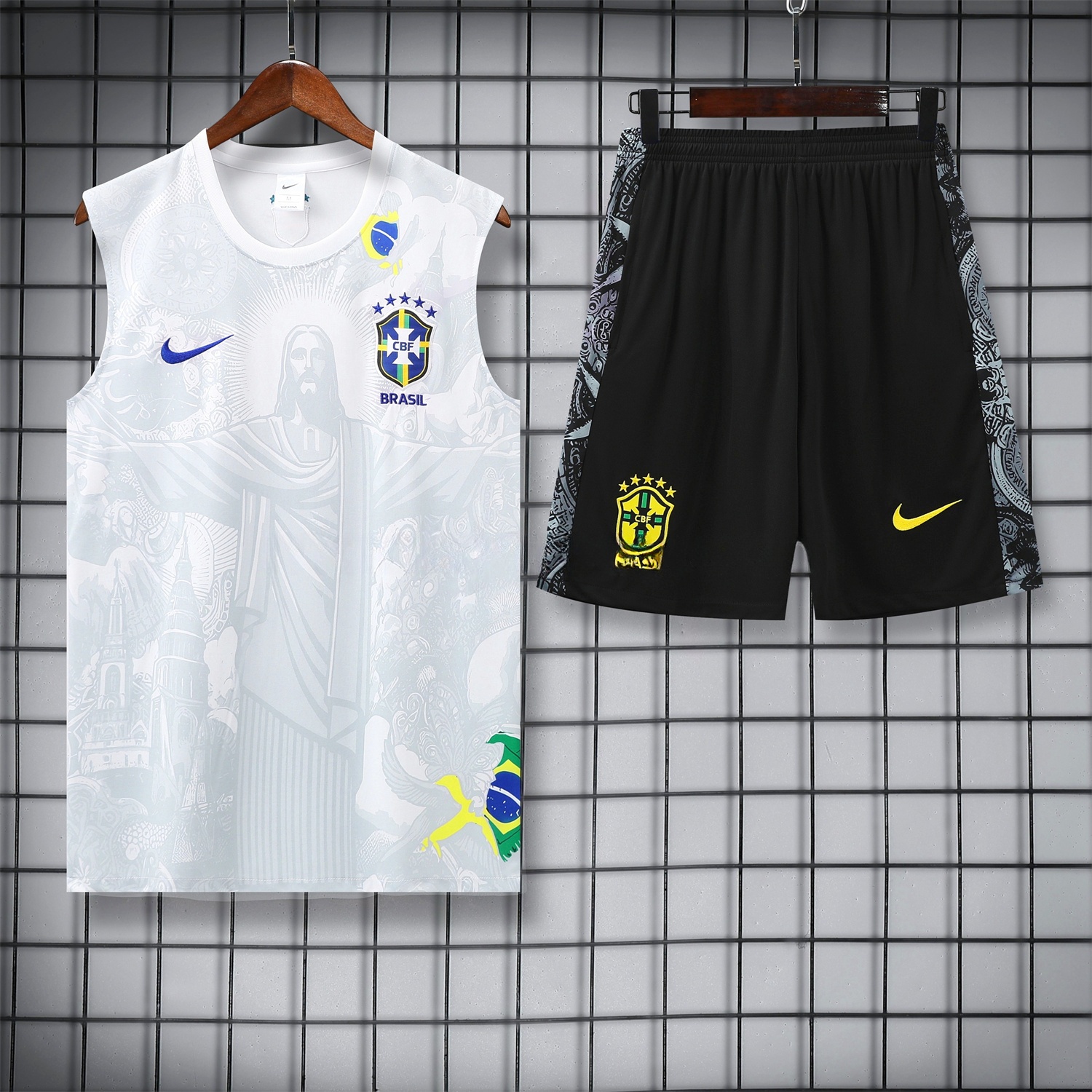 Brazil 25-26 White Jesus Statue Vest Training Set - White Vest & Black Shorts - ReplicasJersey