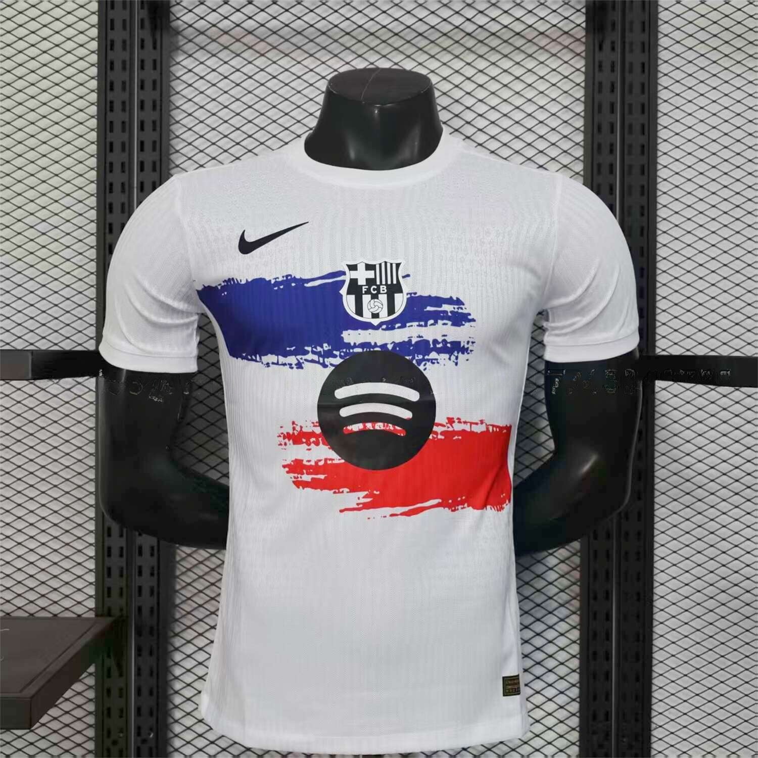 B.A.R.S.A 25-26 White Jersey with Red Blue Ink Horizontal Stripes Jersey - Player Version - ReplicasJersey