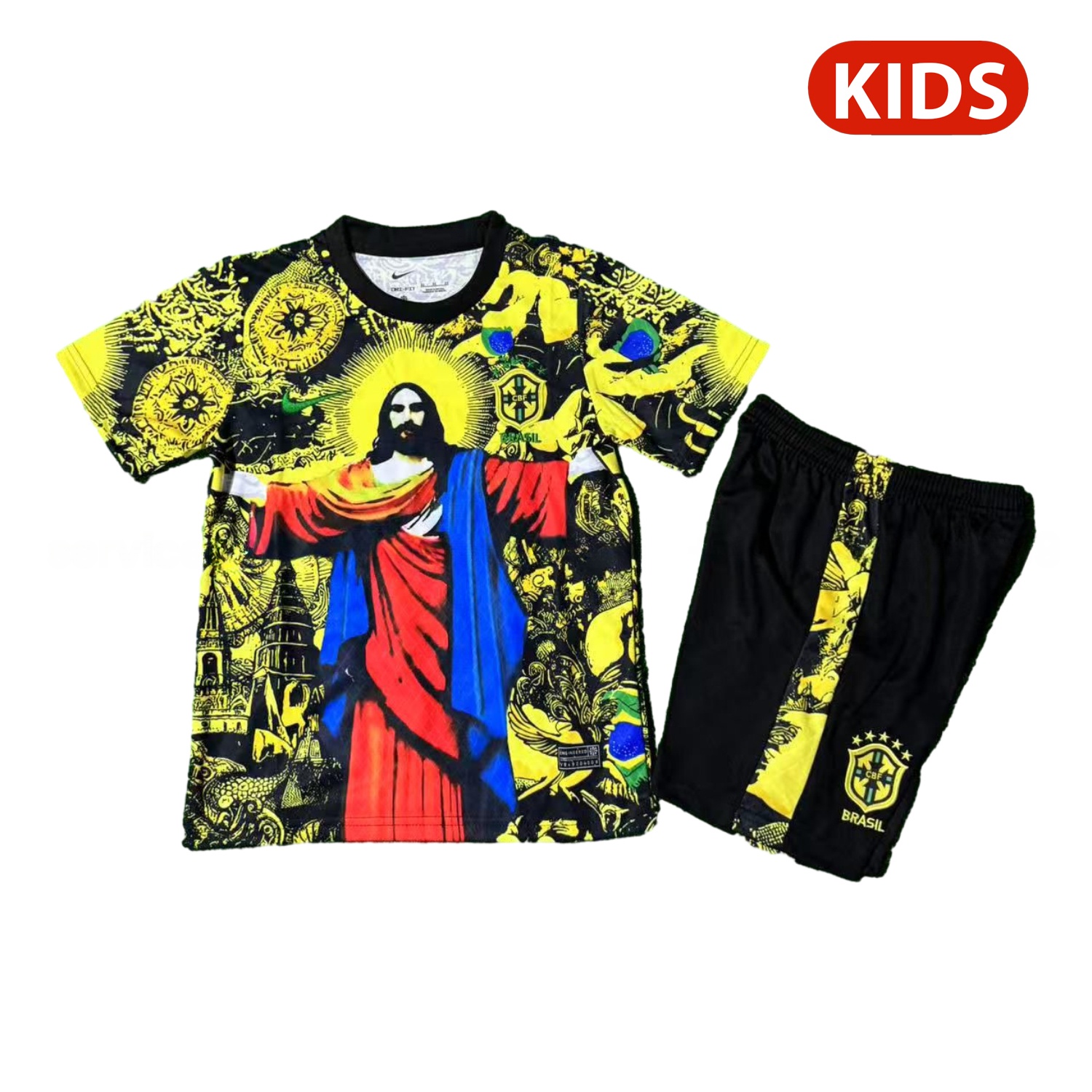 Brazil 25-26 Red Jesus Yellow Special Kids Kit - ReplicasJersey