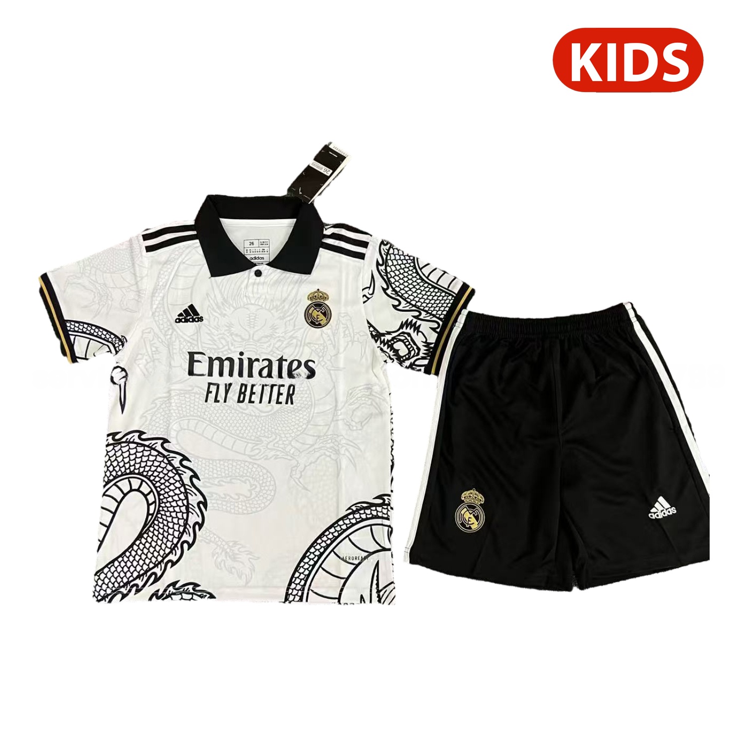 Real Madrid 25-26 Black Dragon Body White Special Polo Kids Kit - ReplicasJersey