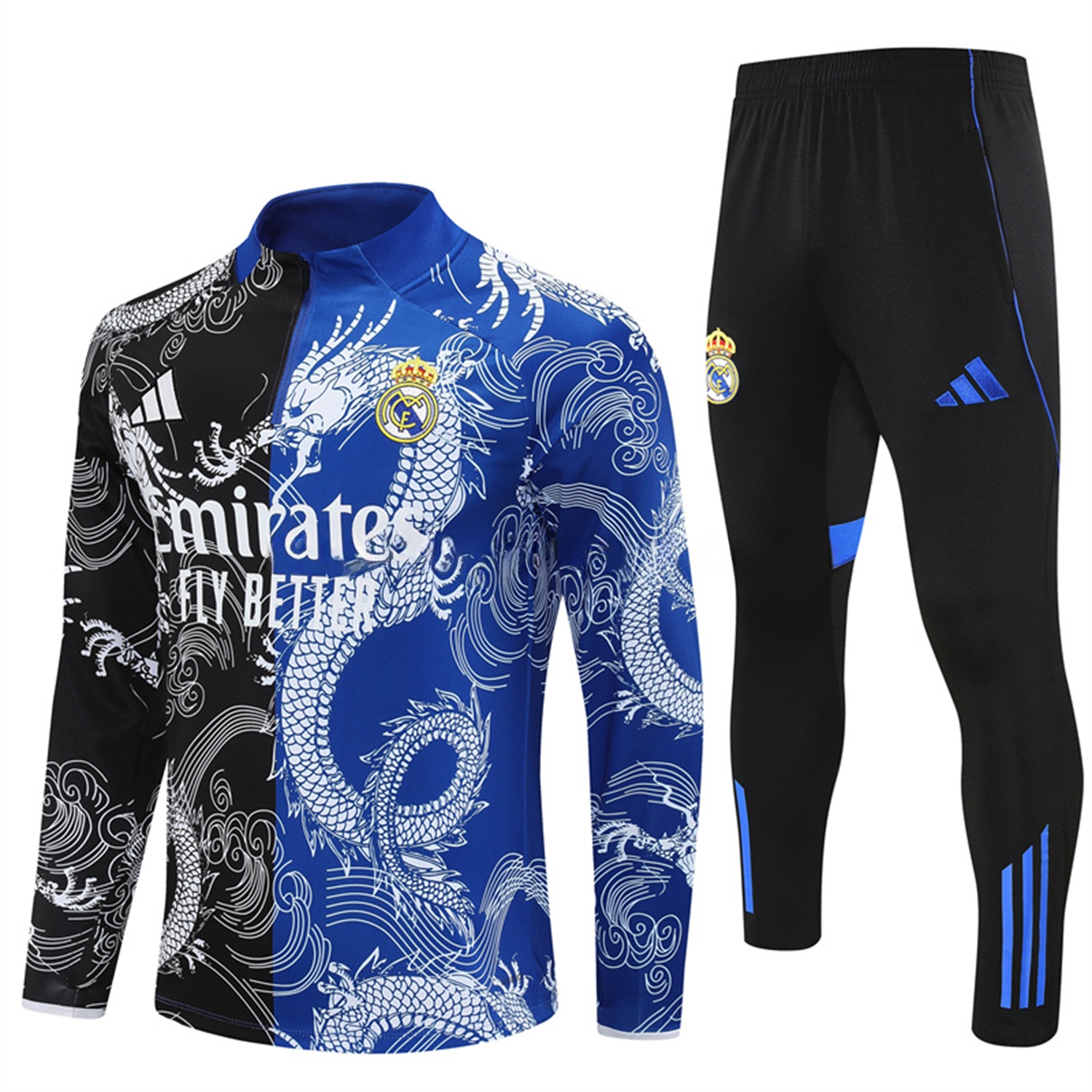 Real Madrid 25-26 Long Sleeve Training Set - White Loong Black Blue Top and Black Pants - ReplicasJersey