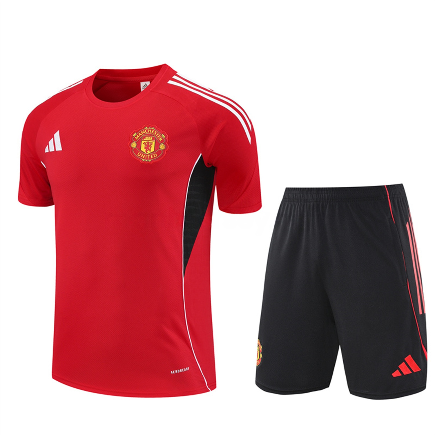 Manchester United 25-26 Short-Sleeve Training Set - Red Top & Black Shorts - ReplicasJersey