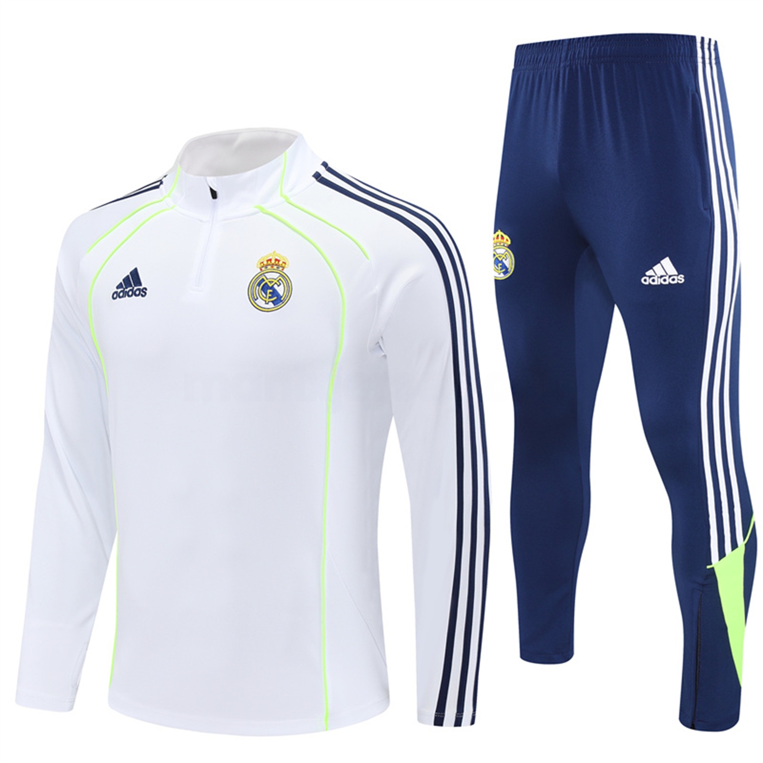 Real Madrid 25-26 Long Sleeve Training Set - Green Line White Top and Blue Pants - ReplicasJersey