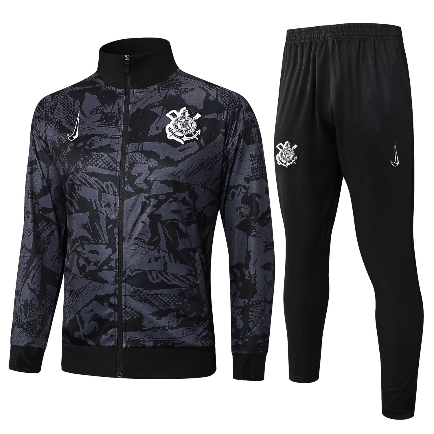 Corinthians 25-26 Jacket Training Tracksuit - Black and Gray Pattern Jackets & Black Pants - ReplicasJersey