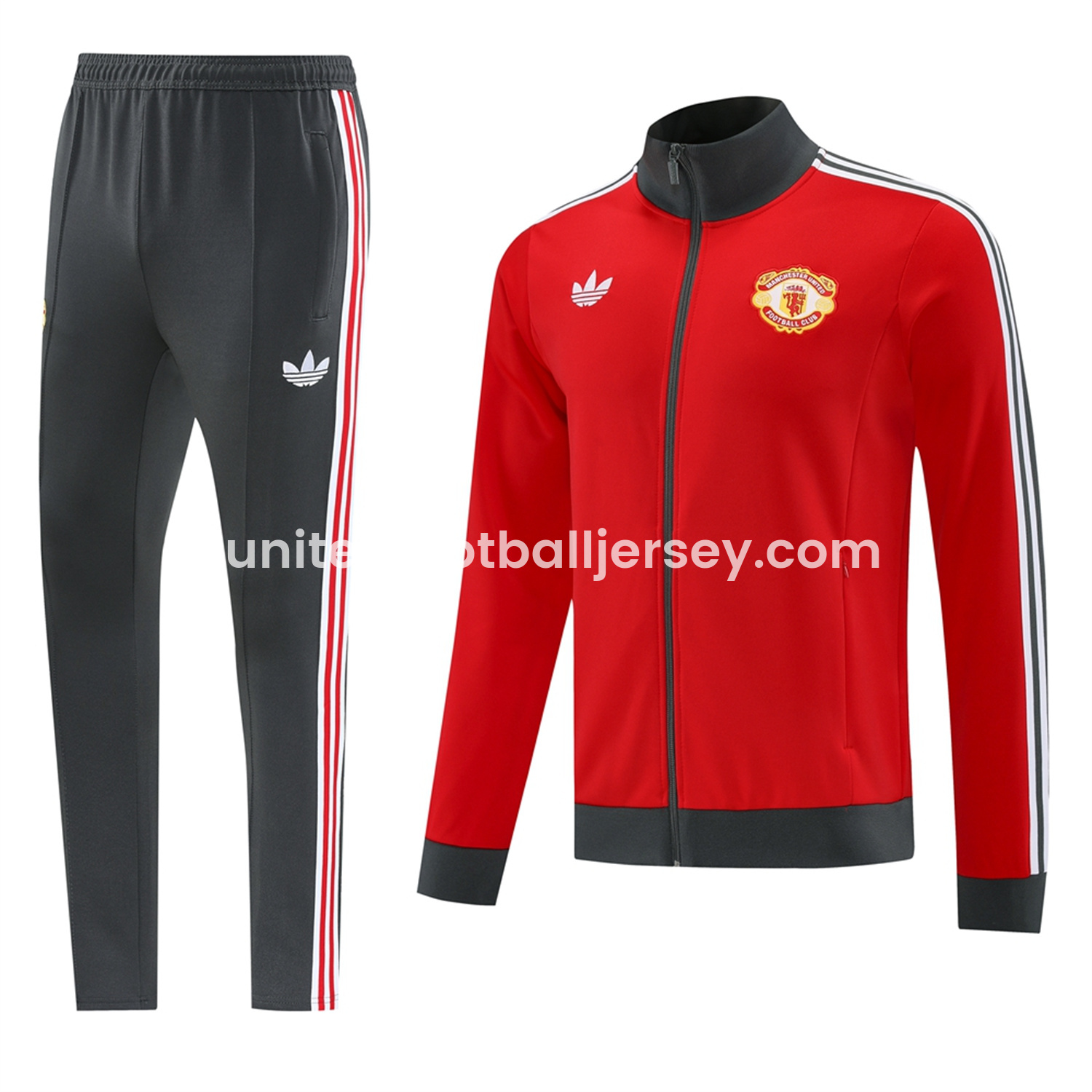 Manchester United 24-25 Throwback Jacket Training Tracksuit - Red Jackets & Grey Pants - ReplicasJersey