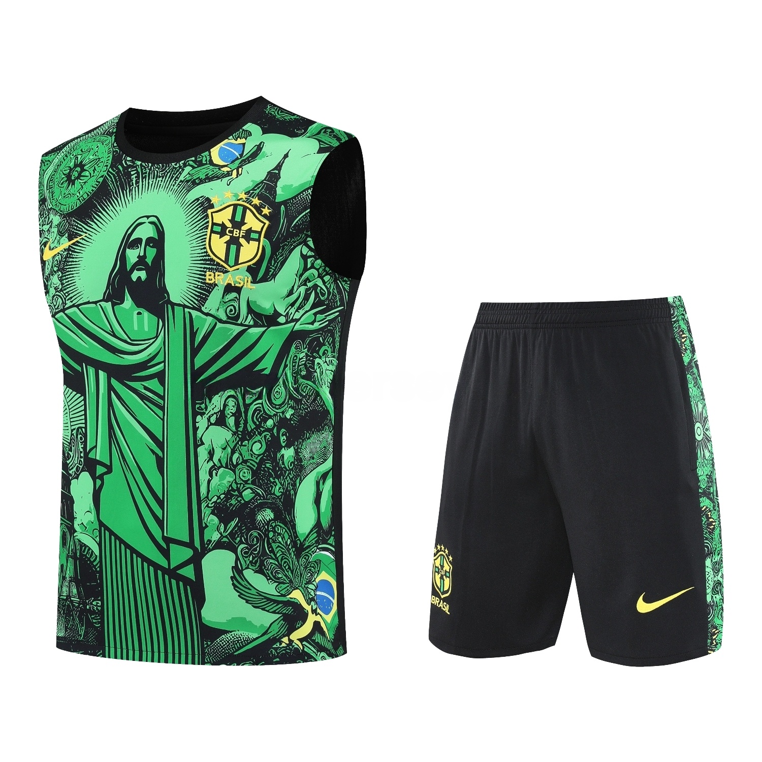 Brazil 25-26 Green Jesus Statue Vest Training Set - Green Vest & Black Shorts - ReplicasJersey