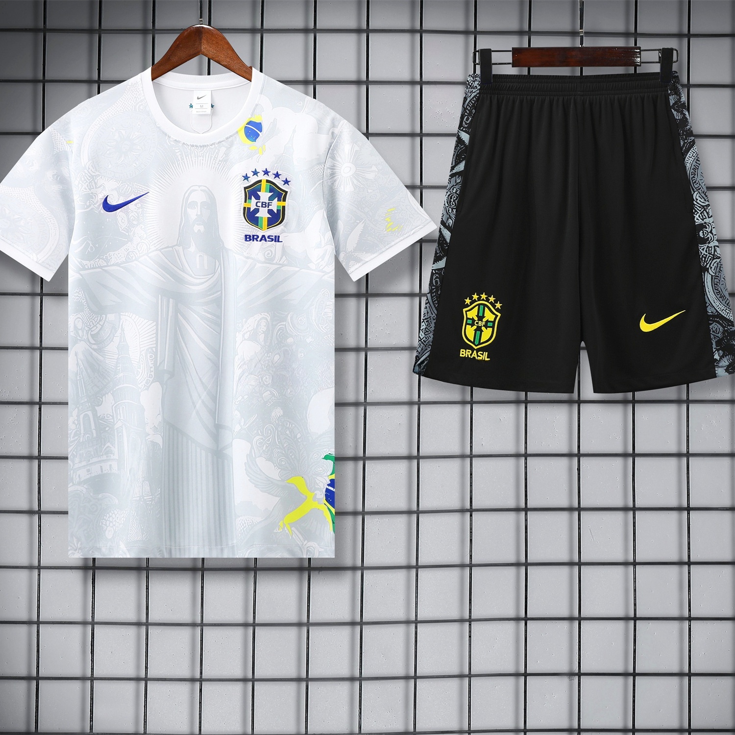 Brazil 25-26 White Jesus Statue Short-Sleeve Training Set - White Top & Black Shorts - ReplicasJersey