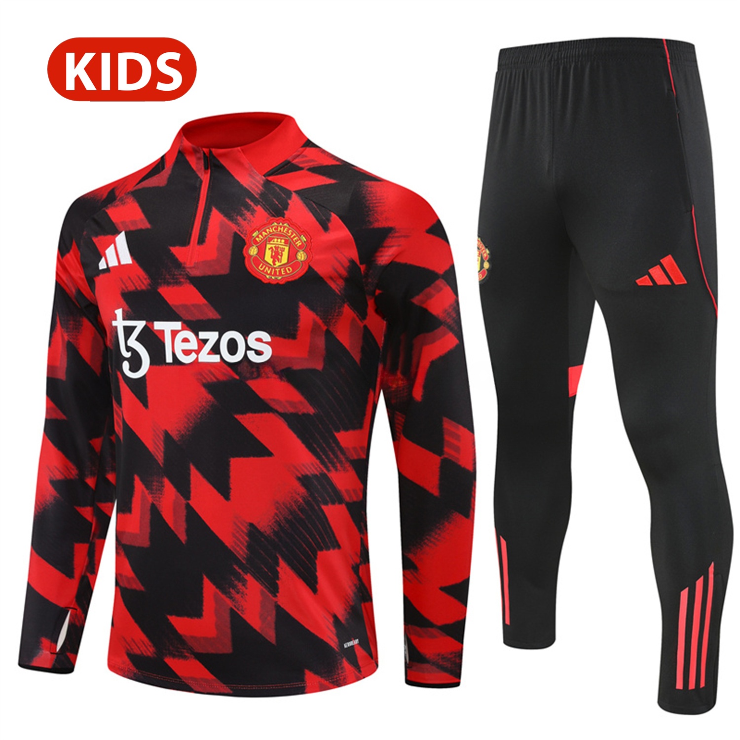Manchester United 25-26 Kid Long Sleeves Training Set - Red-Black Top & Black Pants - ReplicasJersey