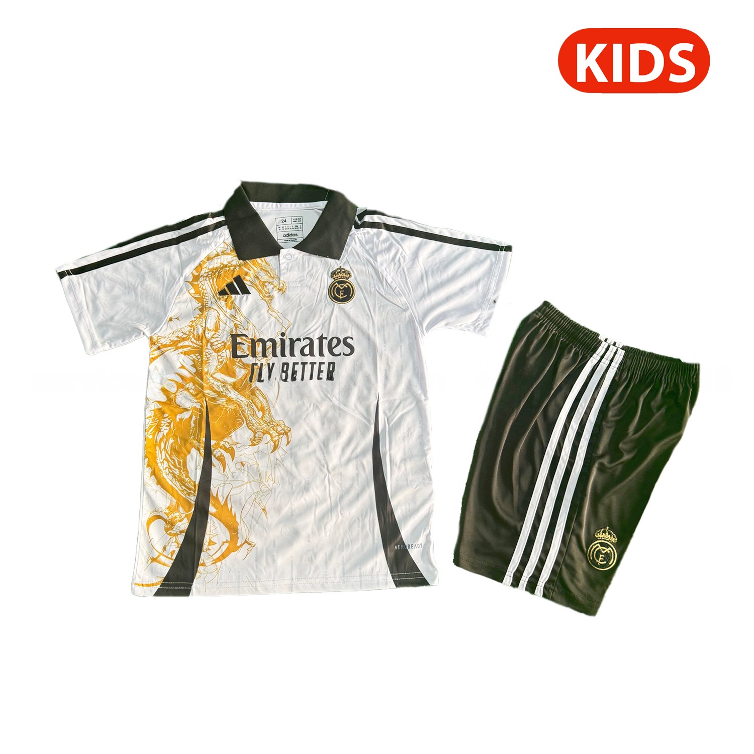 Real Madrid 25-26 Golden Dragon White Special Polo Kids Kit - ReplicasJersey