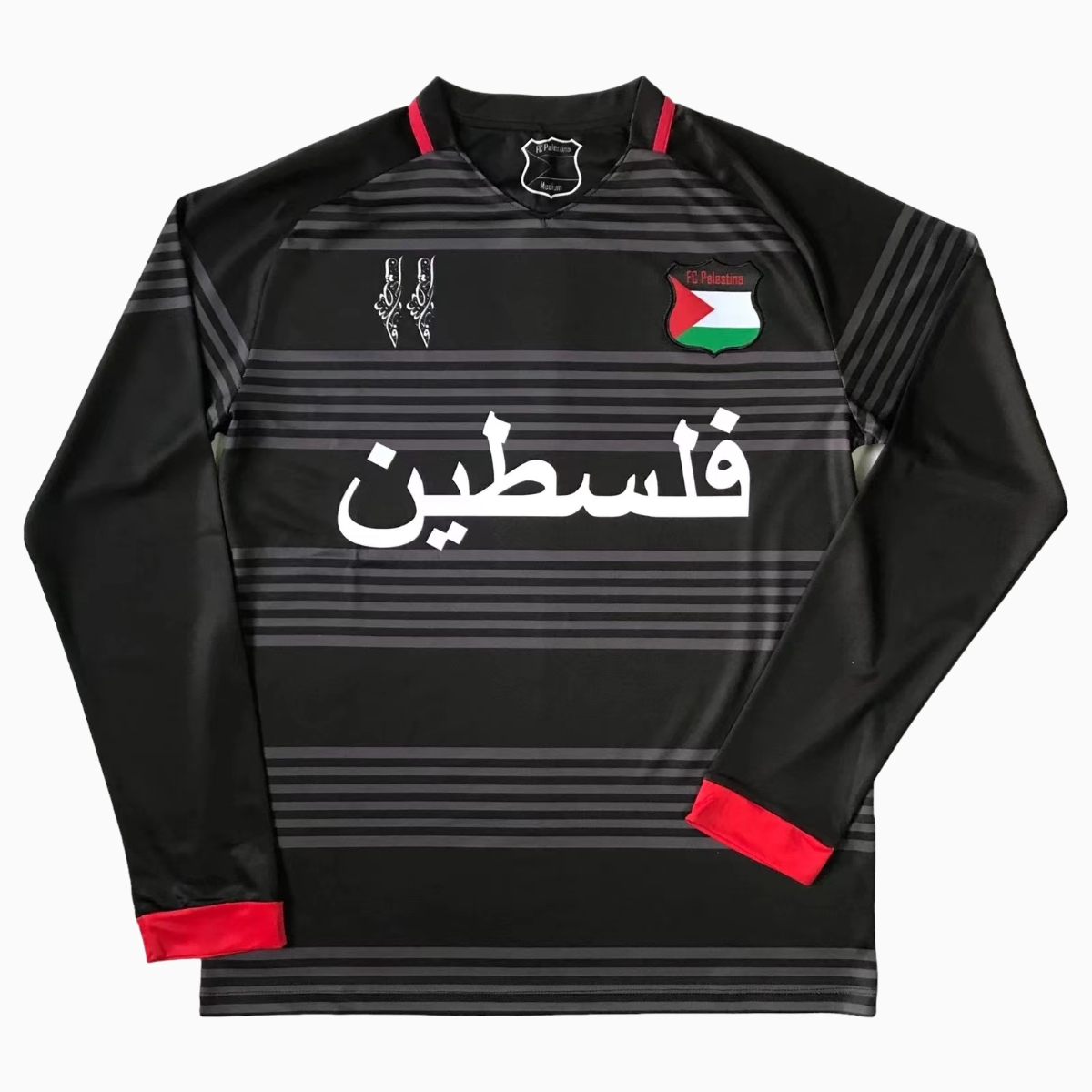 FC Palestina 24-25 Black and Grey Striped Long Sleeve Jersey Jersey with Arabic and Pattern - ReplicasJersey