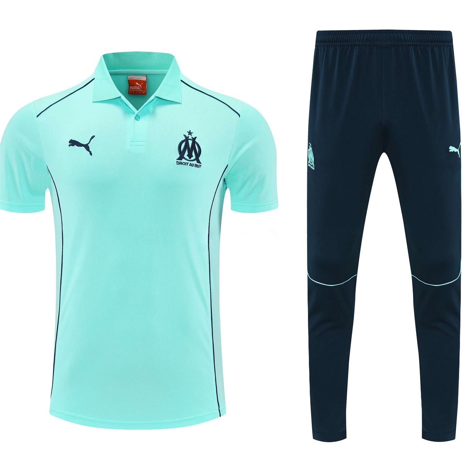 Marseille 25-26 POLO Short-Sleeve Training Set - Cyan Top and Deep Blue Pants - ReplicasJersey