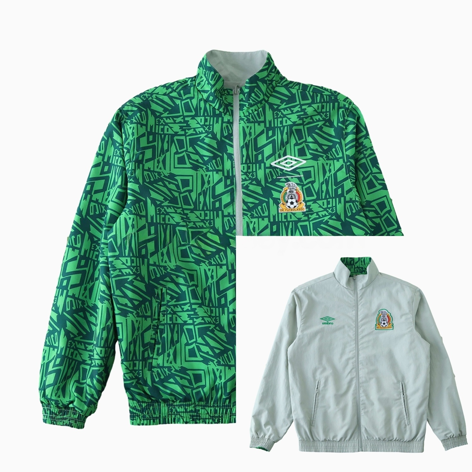Retro Mexico 1994 Retro Style Double Sided Reversible Windbreaker - Green & Grey - ReplicasJersey