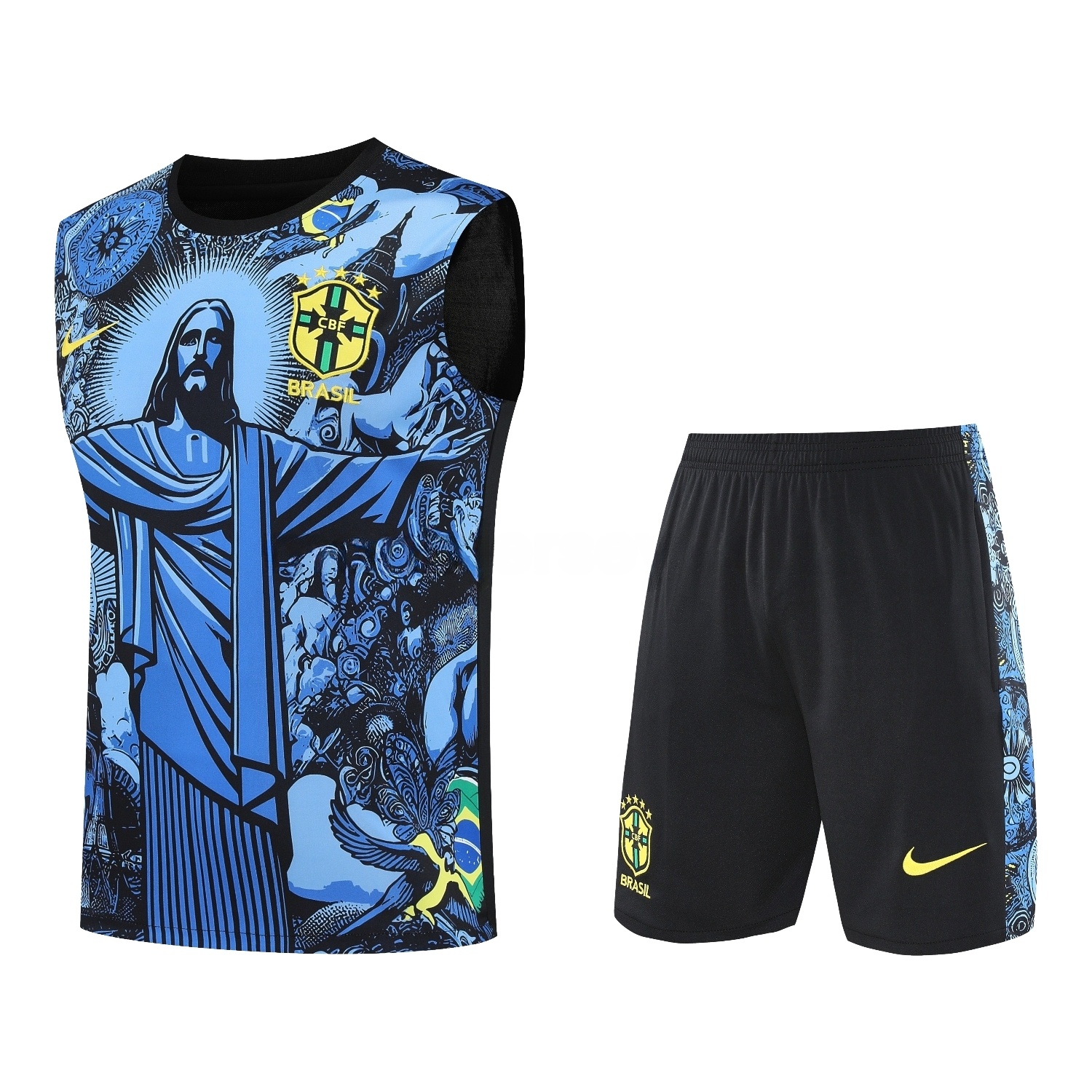 Brazil 25-26 Blue Jesus Statue Vest Training Set - Blue Vest & Black Shorts - ReplicasJersey