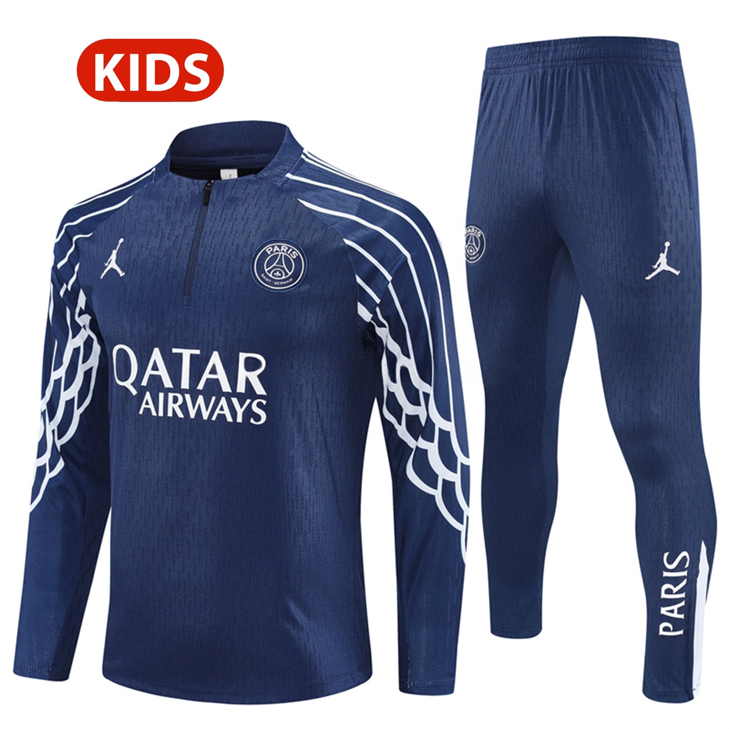 Paris Saint-Germain PSG 25-26 Kids Long Sleeve Training Set - JD White Wing Royal Blue Top and Pants - ReplicasJersey