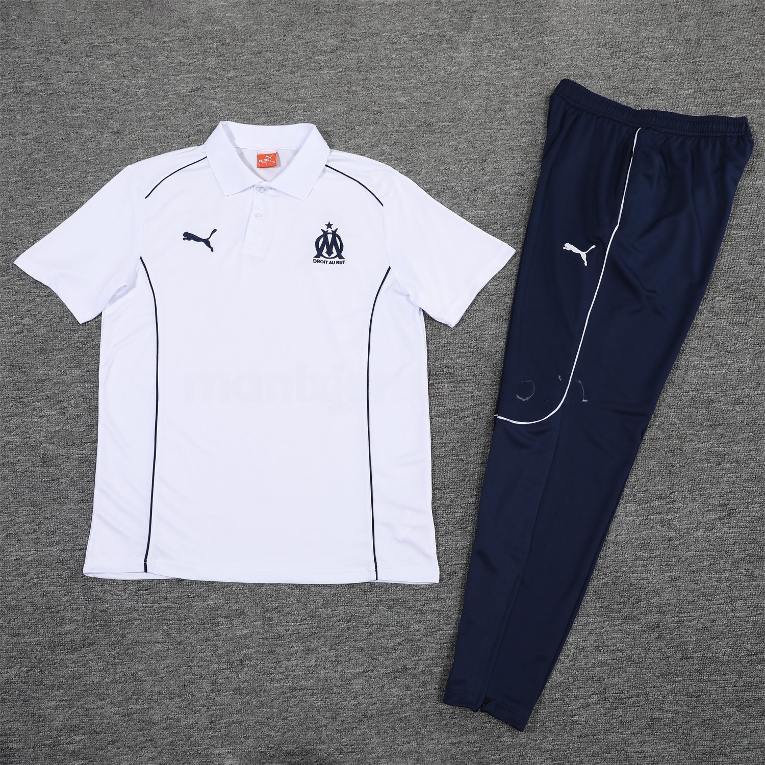 Marseille 25-26 POLO Short-Sleeve Training Set - White Top and Deep Blue Pants - ReplicasJersey