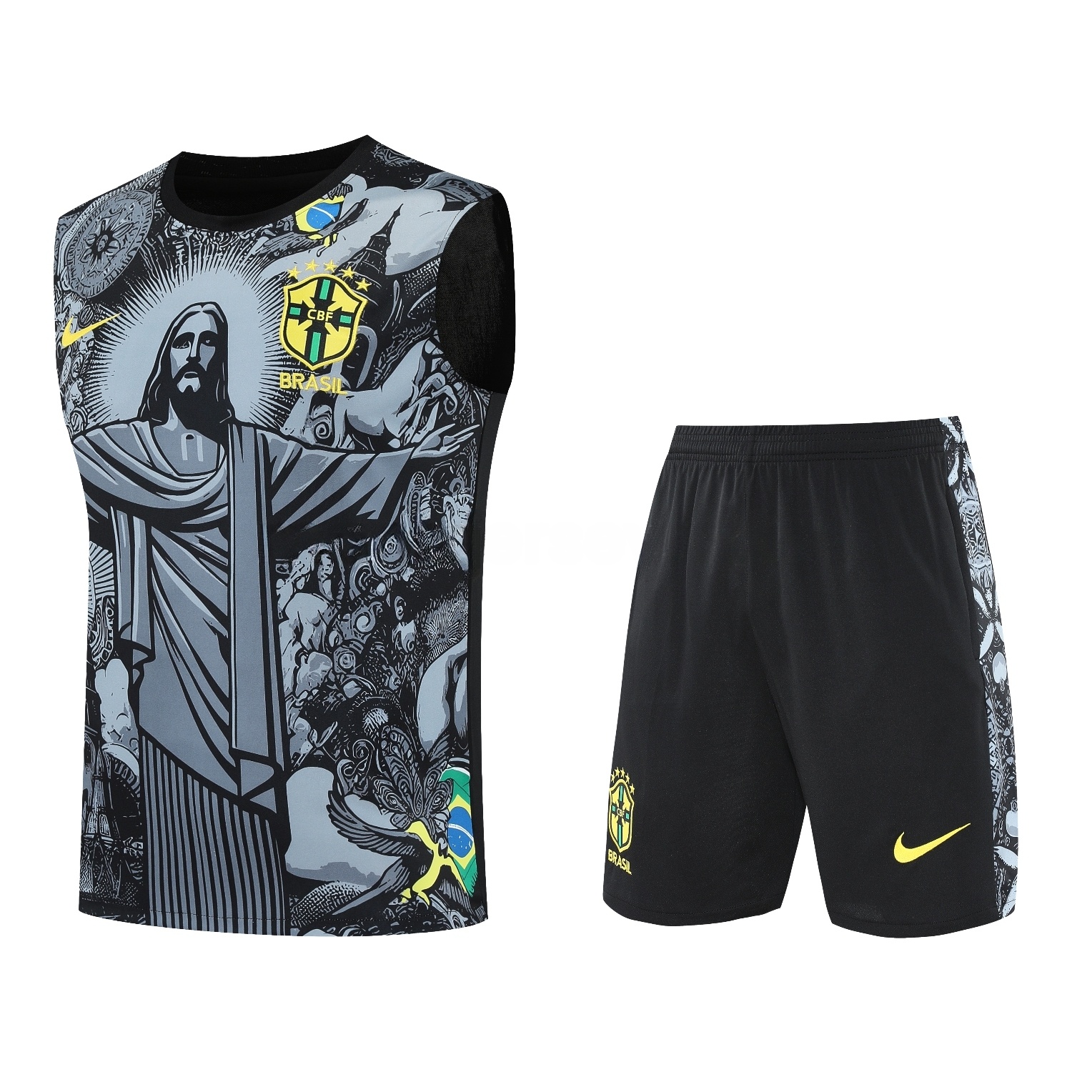 Brazil 25-26 Gray Jesus Statue Vest Training Set - Gray Vest & Black Shorts - ReplicasJersey