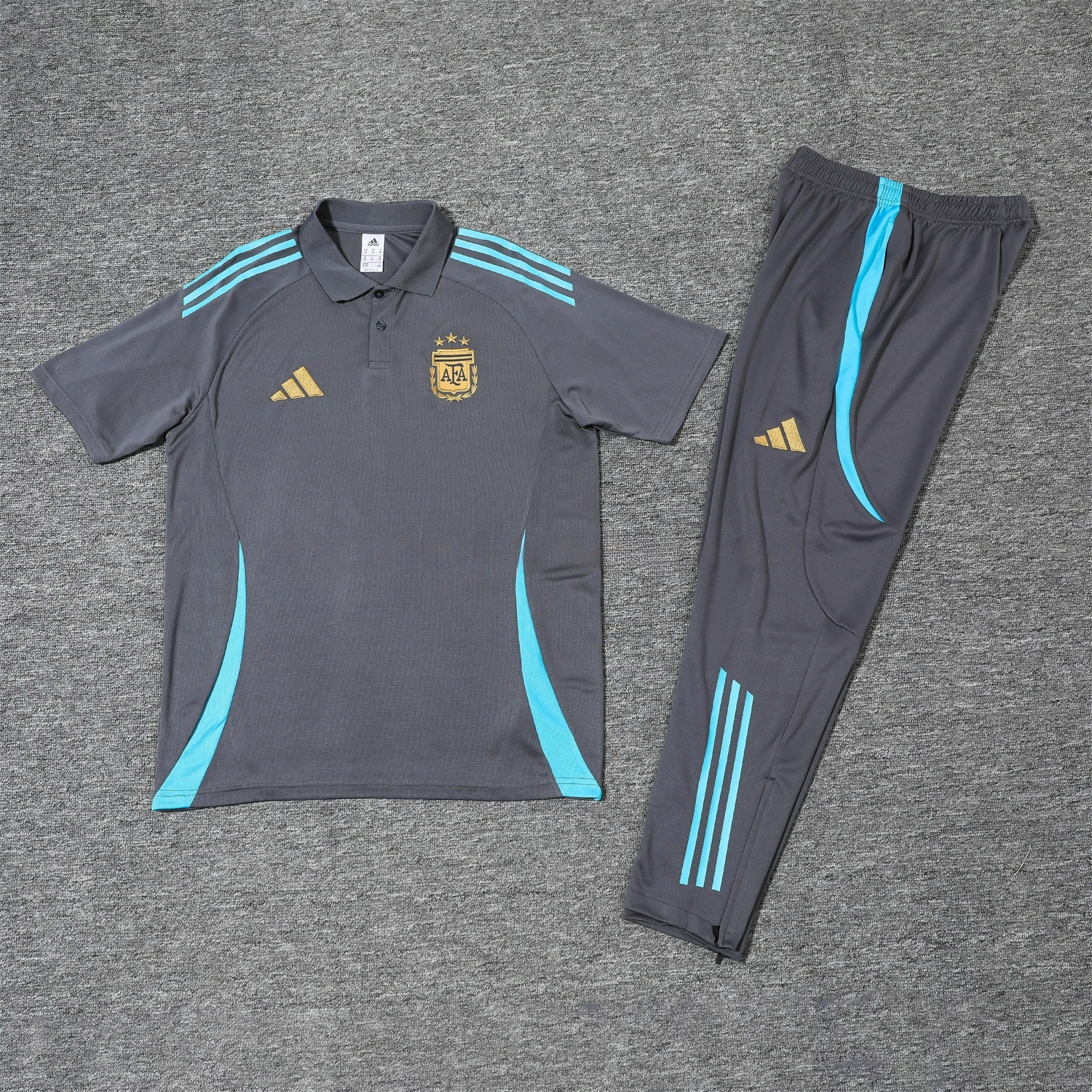 Argentina 25-26 POLO Short-Sleeve Training Set - Grey Top and Pants with Blue Stripes - ReplicasJersey