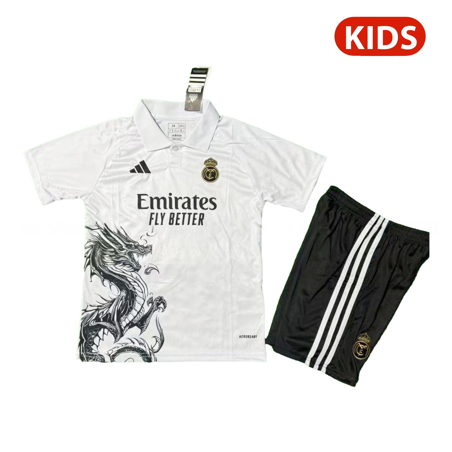 Real Madrid 25-26 Black Dragon White Special Polo Kids Kit - ReplicasJersey