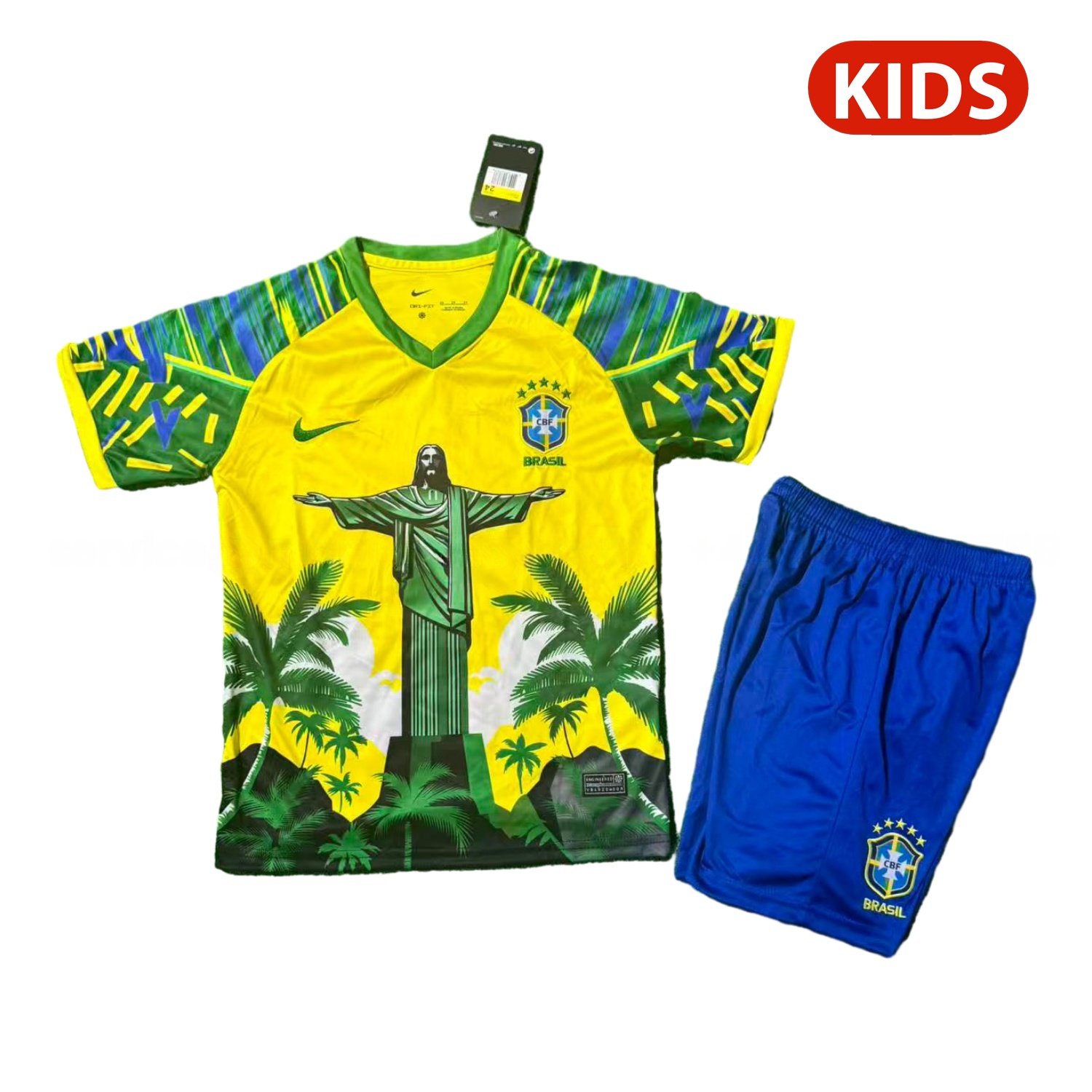 Brazil 25-26 Green Jesus Yellow Special Kids Kit - ReplicasJersey