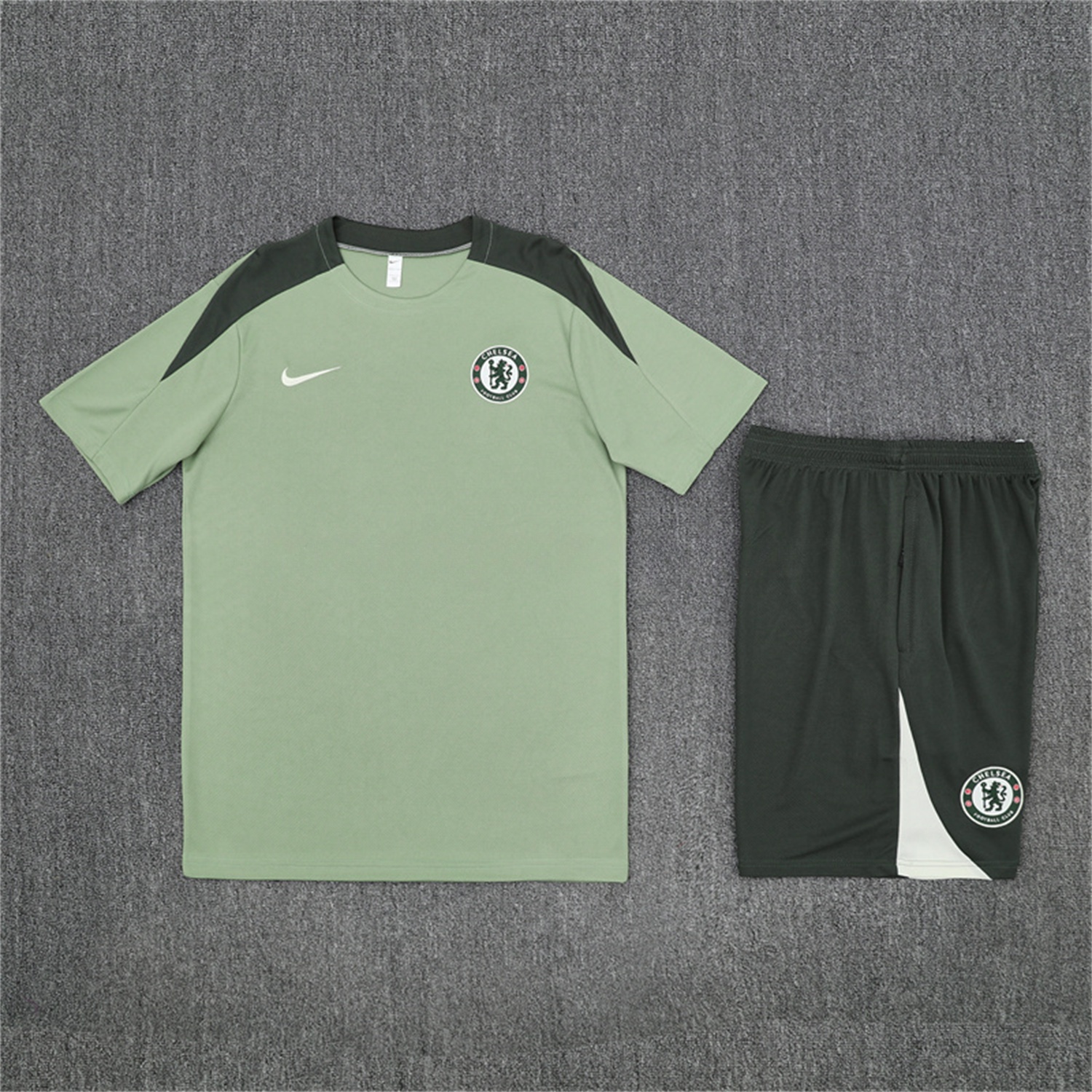 C.H.E.L.S.E.A 25-26 Kids Short-Sleeve Training Set - Light Green Top & Army Green Shorts - ReplicasJersey