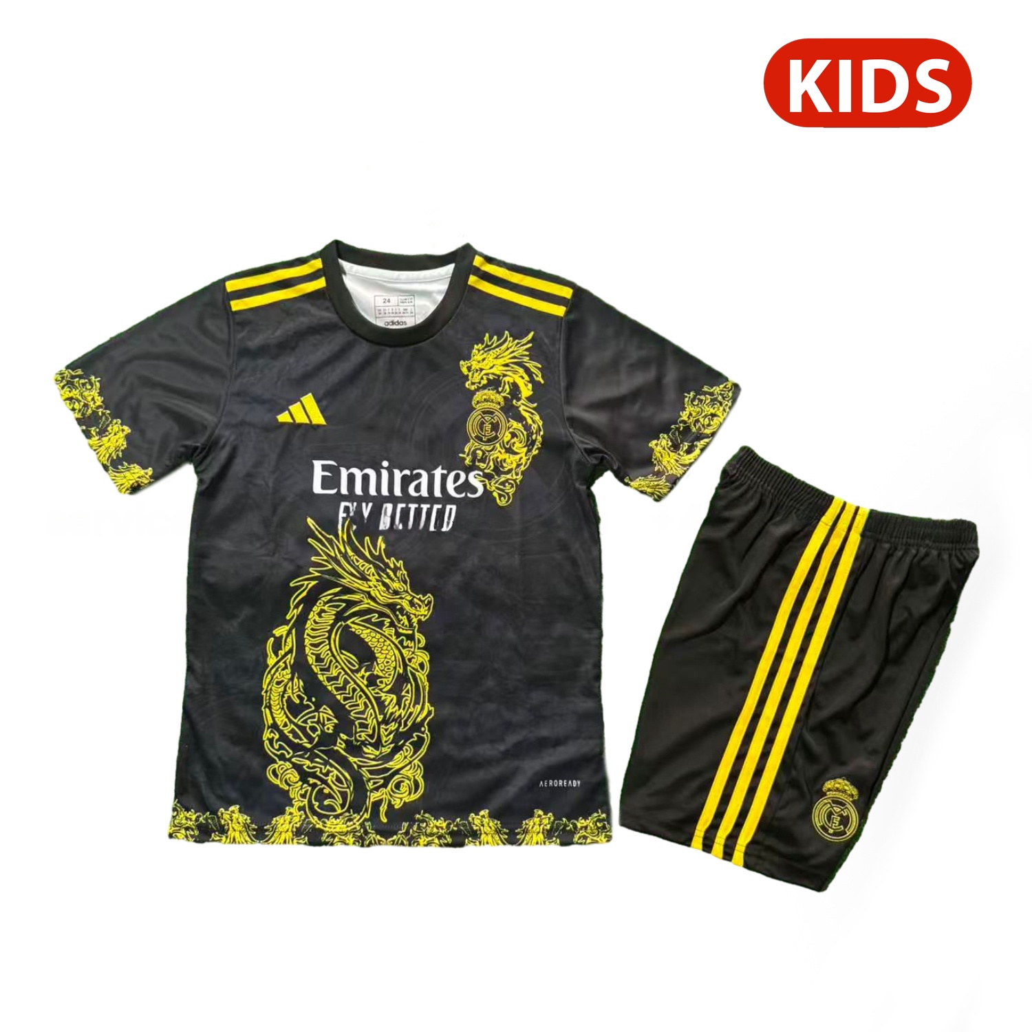 Real Madrid 25-26 Yellow Dragon Black Special Kids Kit - ReplicasJersey
